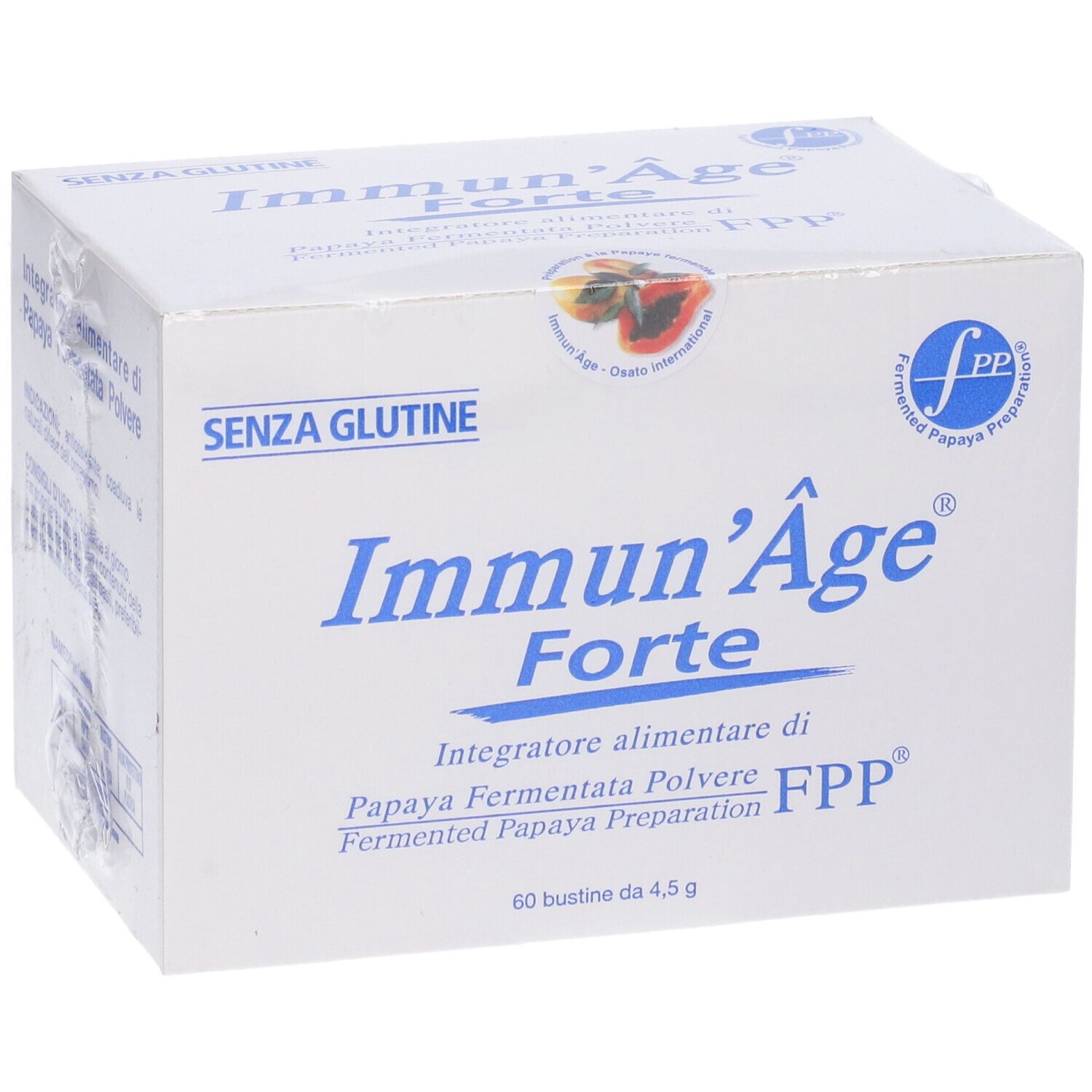 Scatola bianca con testo blu. Scritto: Immun'Âge Forte, senza glutine. Contiene 60 bustine di polvere di papaya.