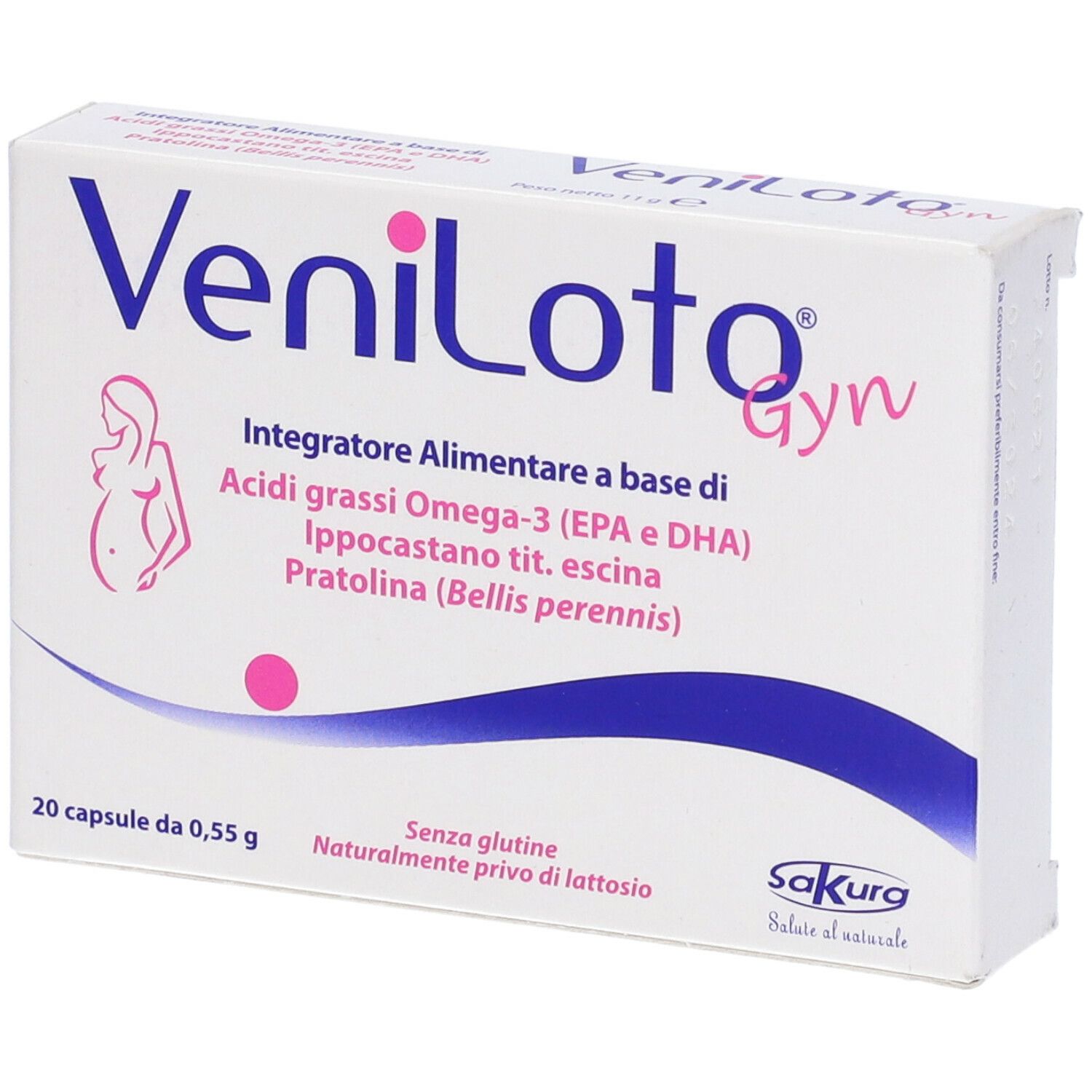 Scatola bianca "Veniloto Gyn". Contiene 20 capsule. Logo Sakura e dettagli ingredienti.