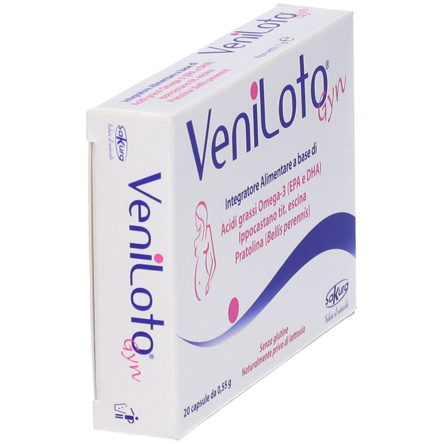 Scatola "Veniloto Gyn" in prospettiva. Logo e informazioni visibili. Logo Sakura.