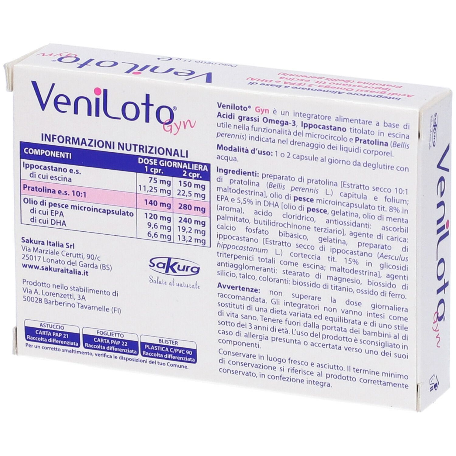 Retro della scatola "Veniloto Gyn". Informazioni nutrizionali e ingredienti. Logo Sakura.