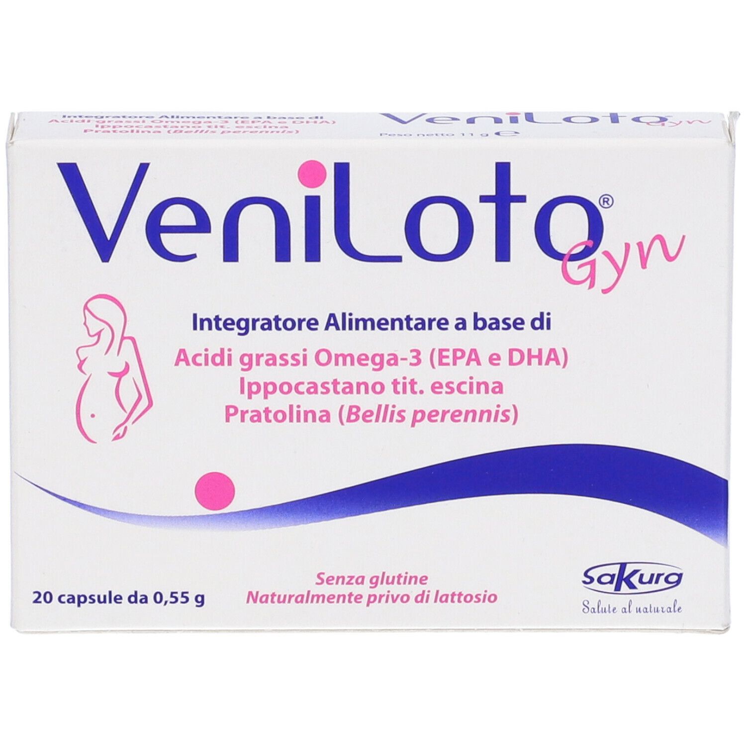 Scatola bianca "Veniloto Gyn" con logo e informazioni. 20 capsule. Logo Sakura.