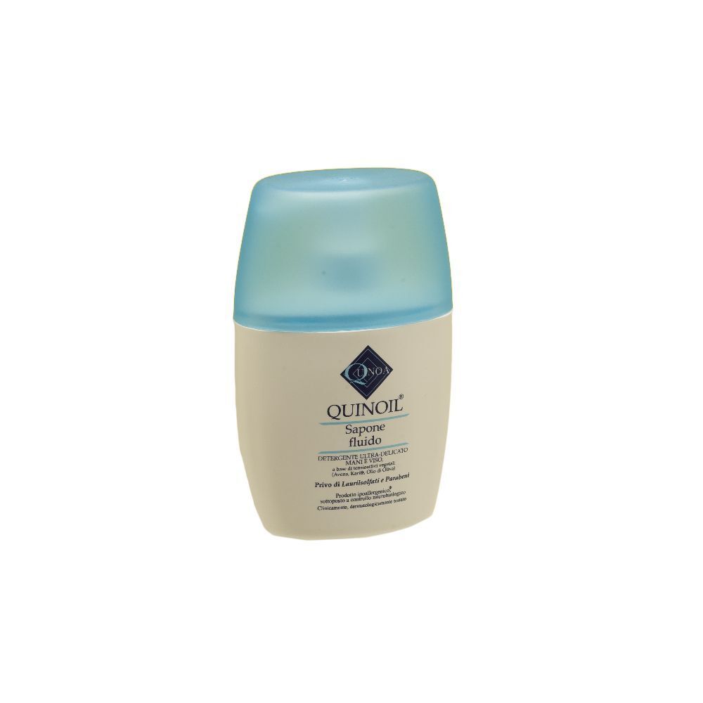 Flacone beige e blu. Tappo azzurro. Scritta: QUINOIL, Sapone fluido.