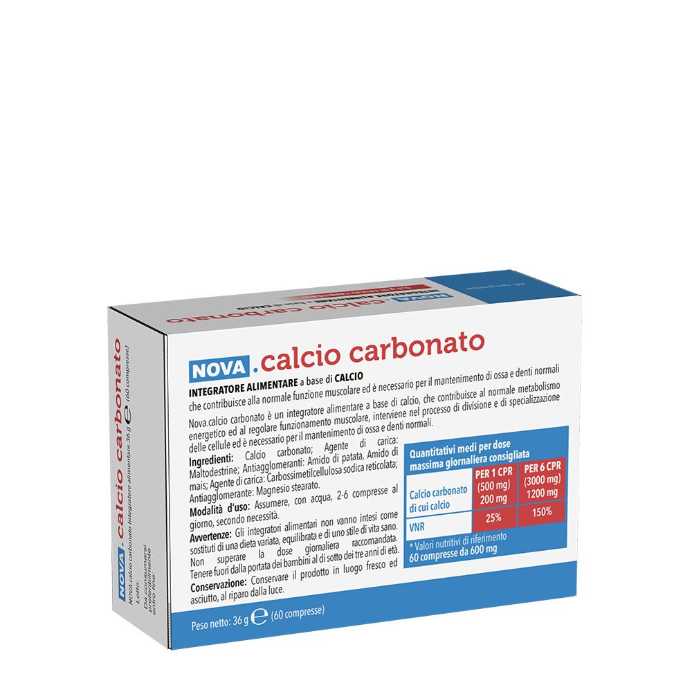 Schachtel 'NOVA .calcio carbonato'. Enthält 60 Tabletten. Text mit Inhaltsstoffen und Dosierung. Blau-weiße Verpackung.