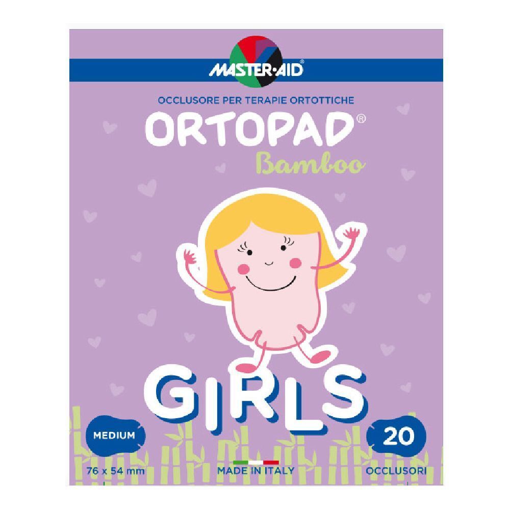 Ortopad Bamboo Girls, 76x54mm, 20 pezzi. Confezione con illustrazione di bambina. Sfondo viola con cuori e motivo bambù.