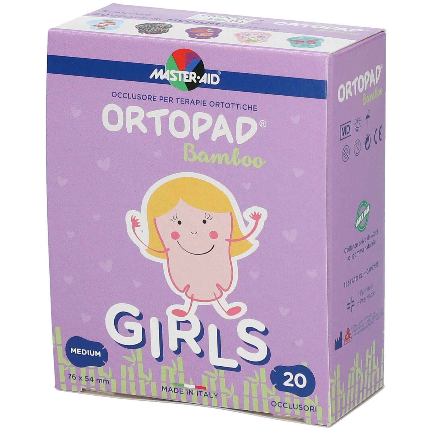 Scatola Ortopad Bamboo Girls. Confezione viola con illustrazione di bambina. Contiene 20 pezzi. Dimensione 76x54mm. Con logo e nome prodotto.
