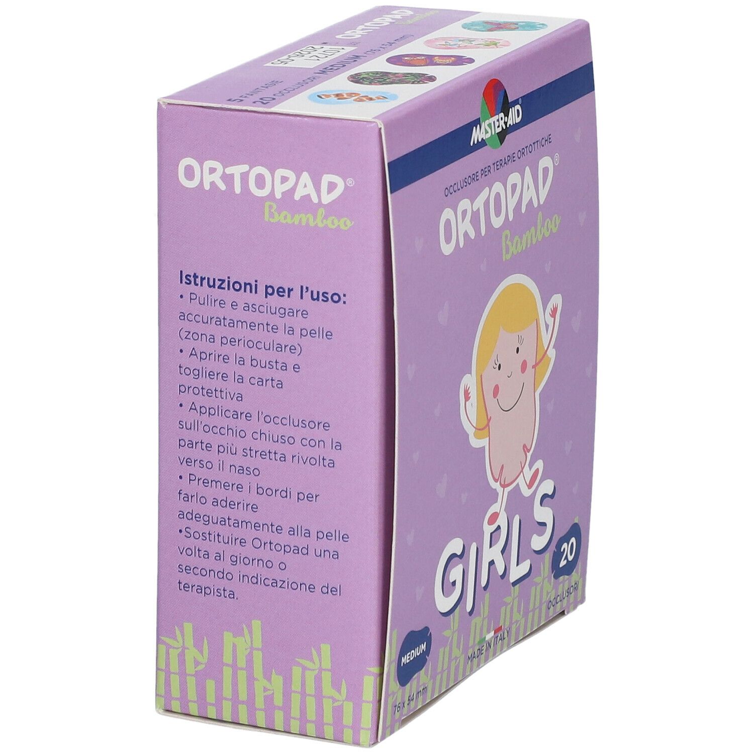 Scatola Ortopad Bamboo Girls, angolata. Confezione viola con informazioni sul prodotto e illustrazione di bambina. Contiene 20 pezzi.