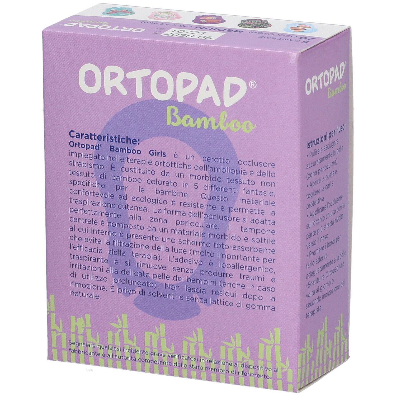 Scatola Ortopad Bamboo Girls, retro. Confezione viola con informazioni sul prodotto. Contiene 20 pezzi. Con istruzioni per l'uso.