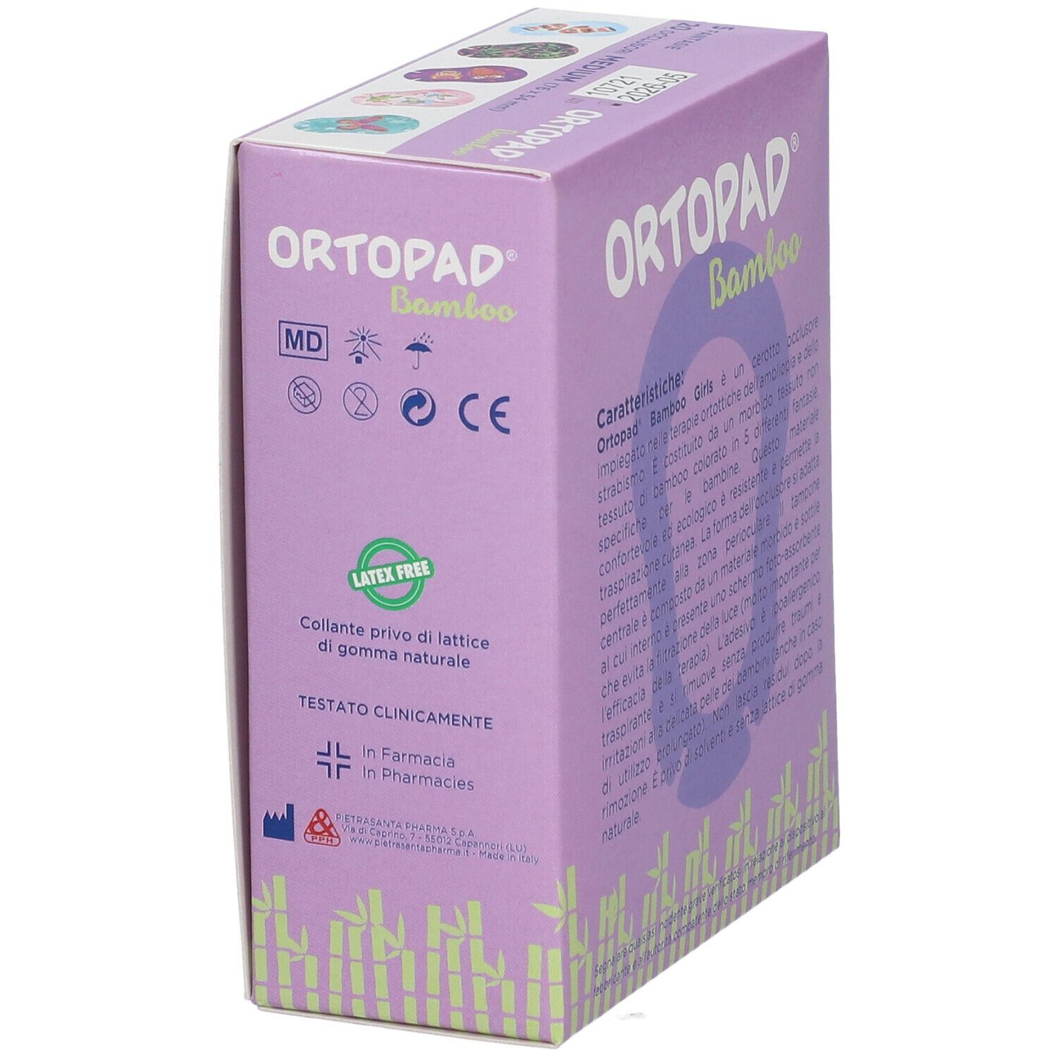 Scatola Ortopad Bamboo Girls, dettaglio. Confezione viola con informazioni sul prodotto. Contiene 20 pezzi. Con certificazioni.