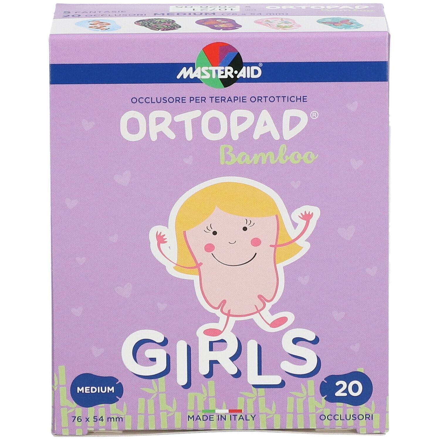 Scatola Ortopad Bamboo Girls. Confezione viola con illustrazione di bambina. Contiene 20 pezzi. Dimensione 76x54mm. Con logo e nome prodotto.
