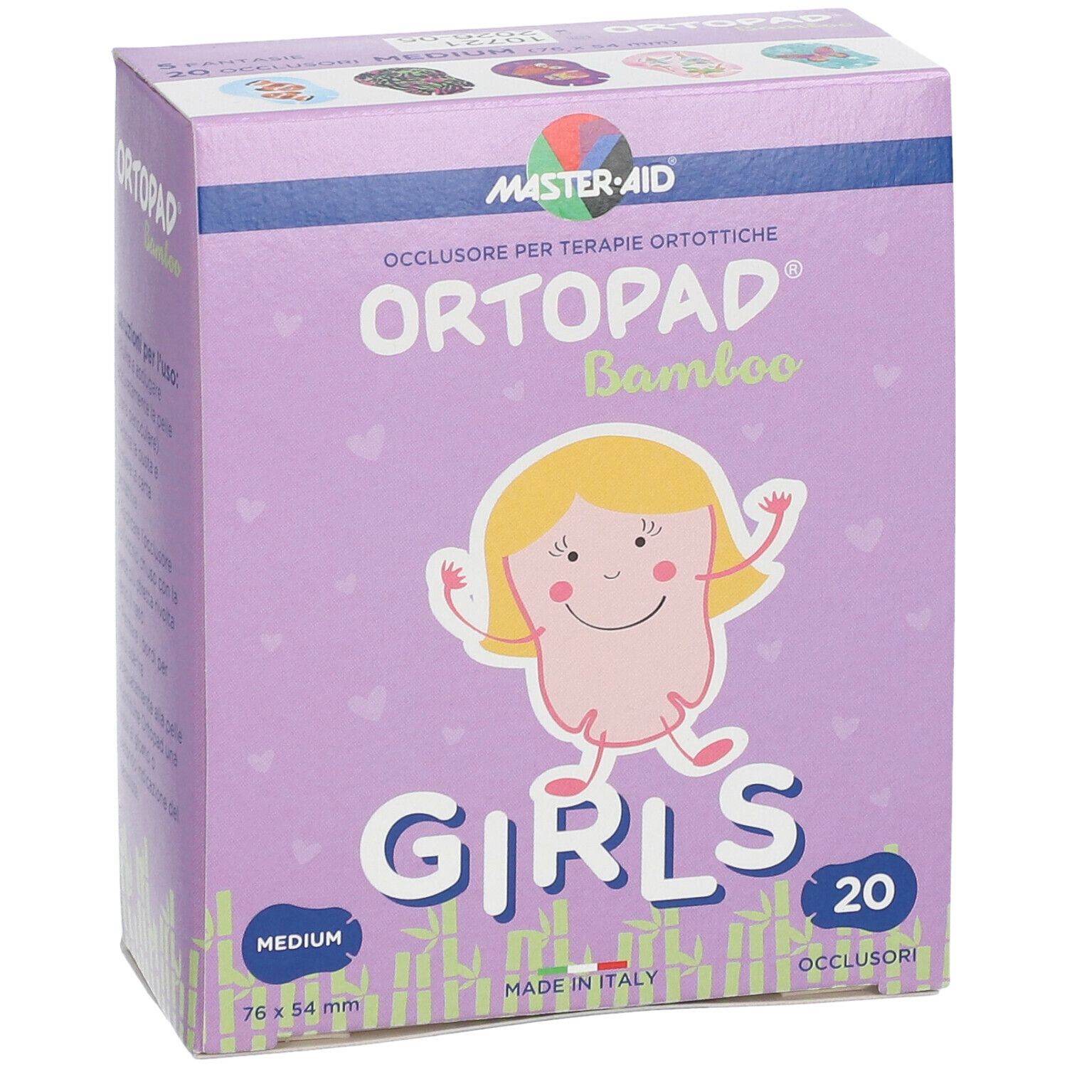 Scatola Ortopad Bamboo Girls. Confezione viola con illustrazione di bambina. Contiene 20 pezzi. Dimensione 76x54mm. Con logo e nome prodotto.