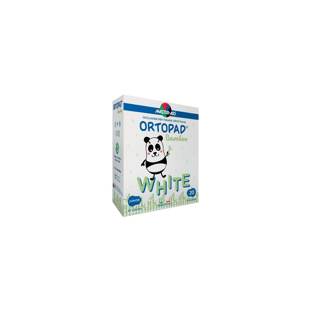 Verpackung mit weißen Augenpflastern. Aufdruck: ORTOPAD Bamboo White, Panda-Illustration, 20 Stück.