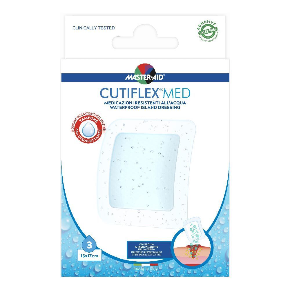 Confezione di tre medicazioni Cutiflexmed. Visibili: marchio, nome prodotto, dimensioni 15x17cm, impermeabile.