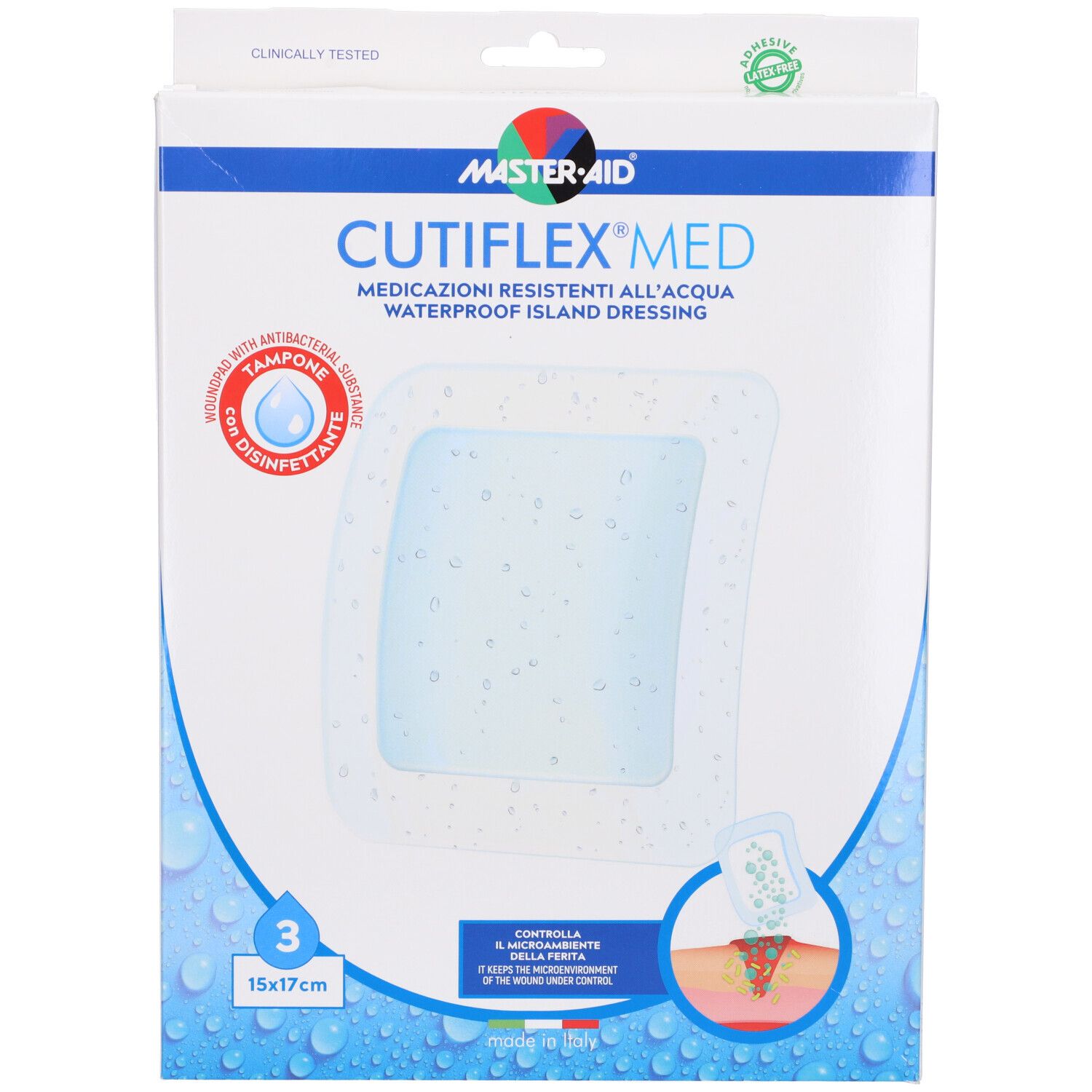 Confezione di tre medicazioni Cutiflexmed. Marchio, nome prodotto, dimensioni 15x17cm, impermeabile, con tampone antibatterico.