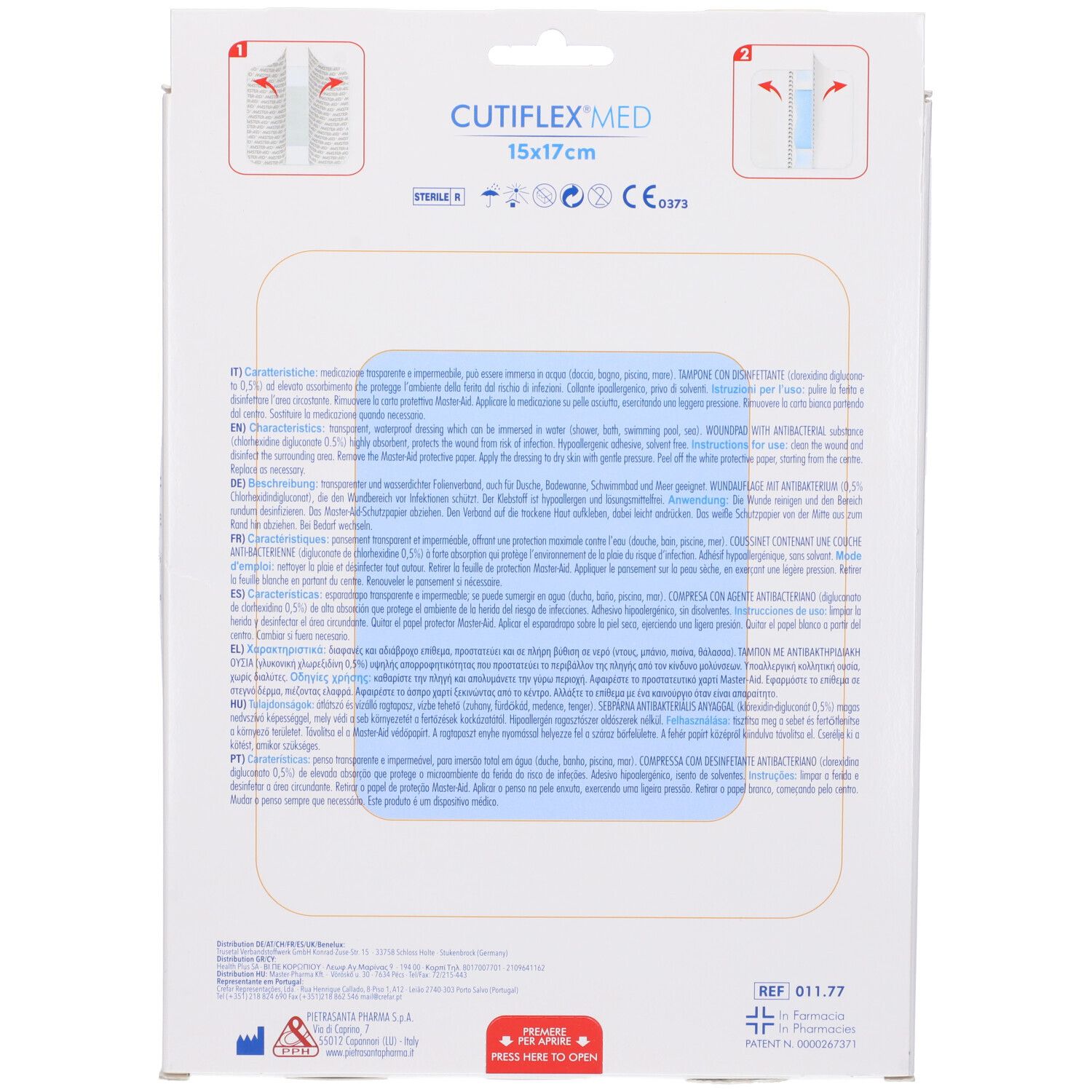 Retro della confezione Cutiflexmed. Testo multilingue, dimensioni 15x17cm, indicazione sterile.