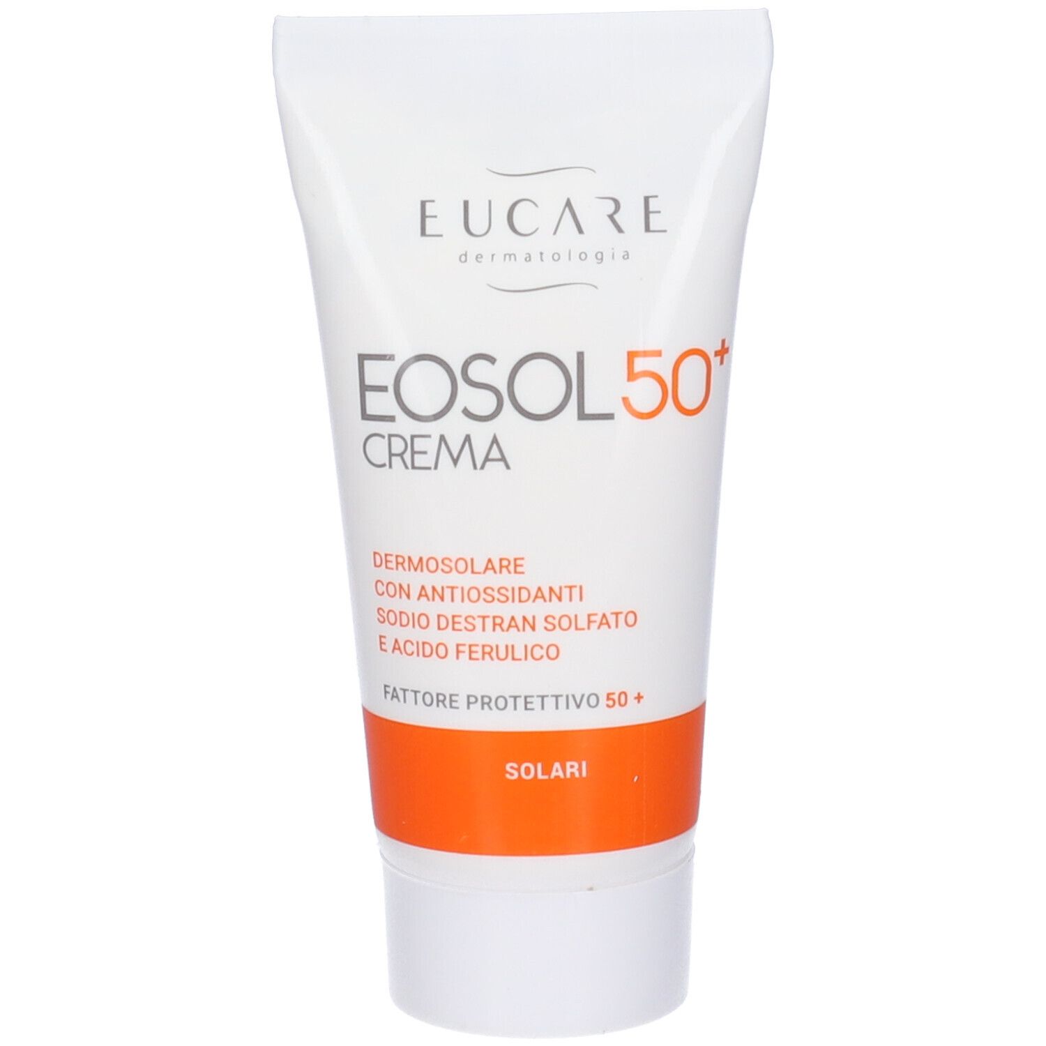 Tubo Eosol 50+ Crema. Bianco, con accenti arancioni. Nome del prodotto, marchio e ingredienti visibili.