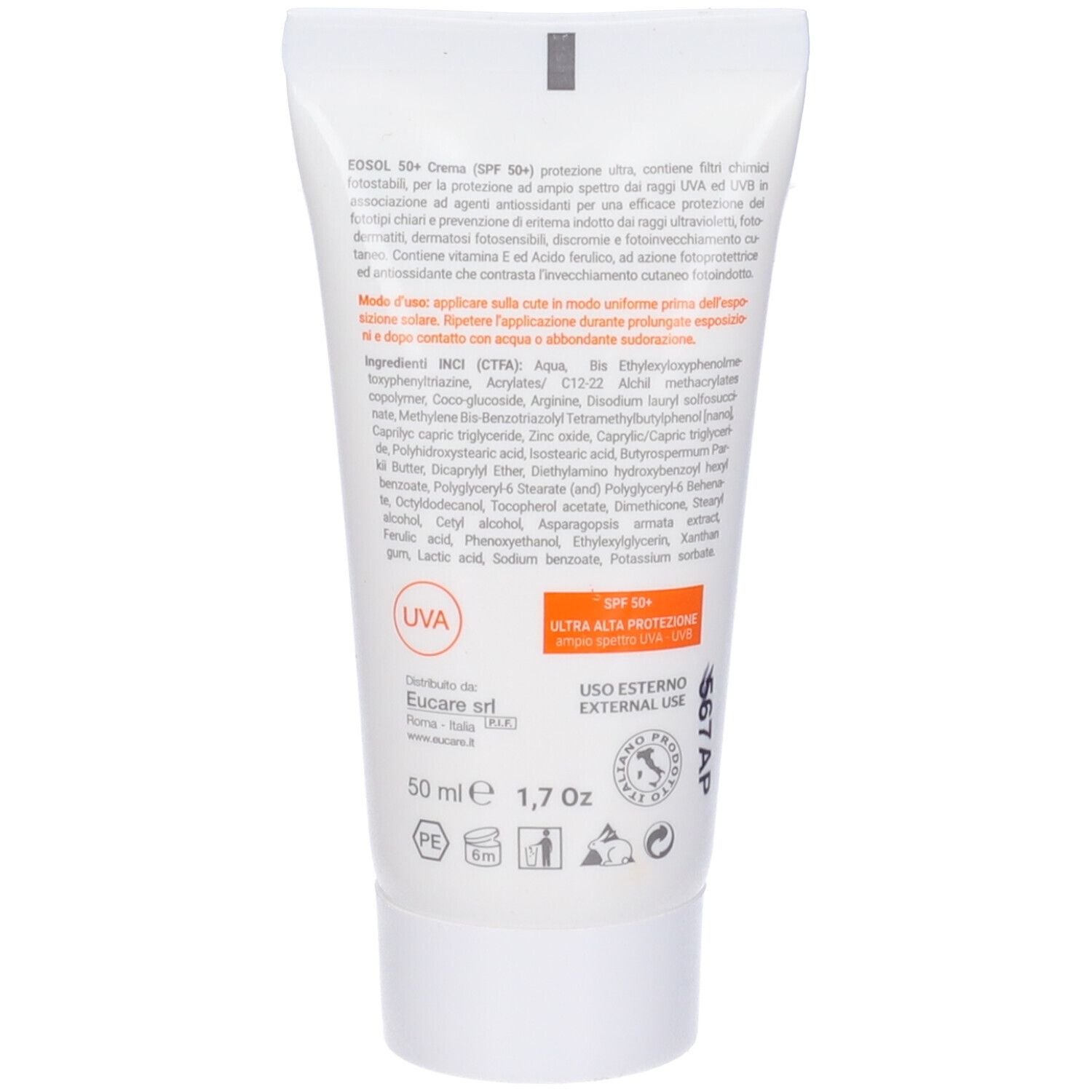 Retro del tubo Eosol 50+ Crema. Testo con ingredienti, istruzioni per l'uso e informazioni del produttore.
