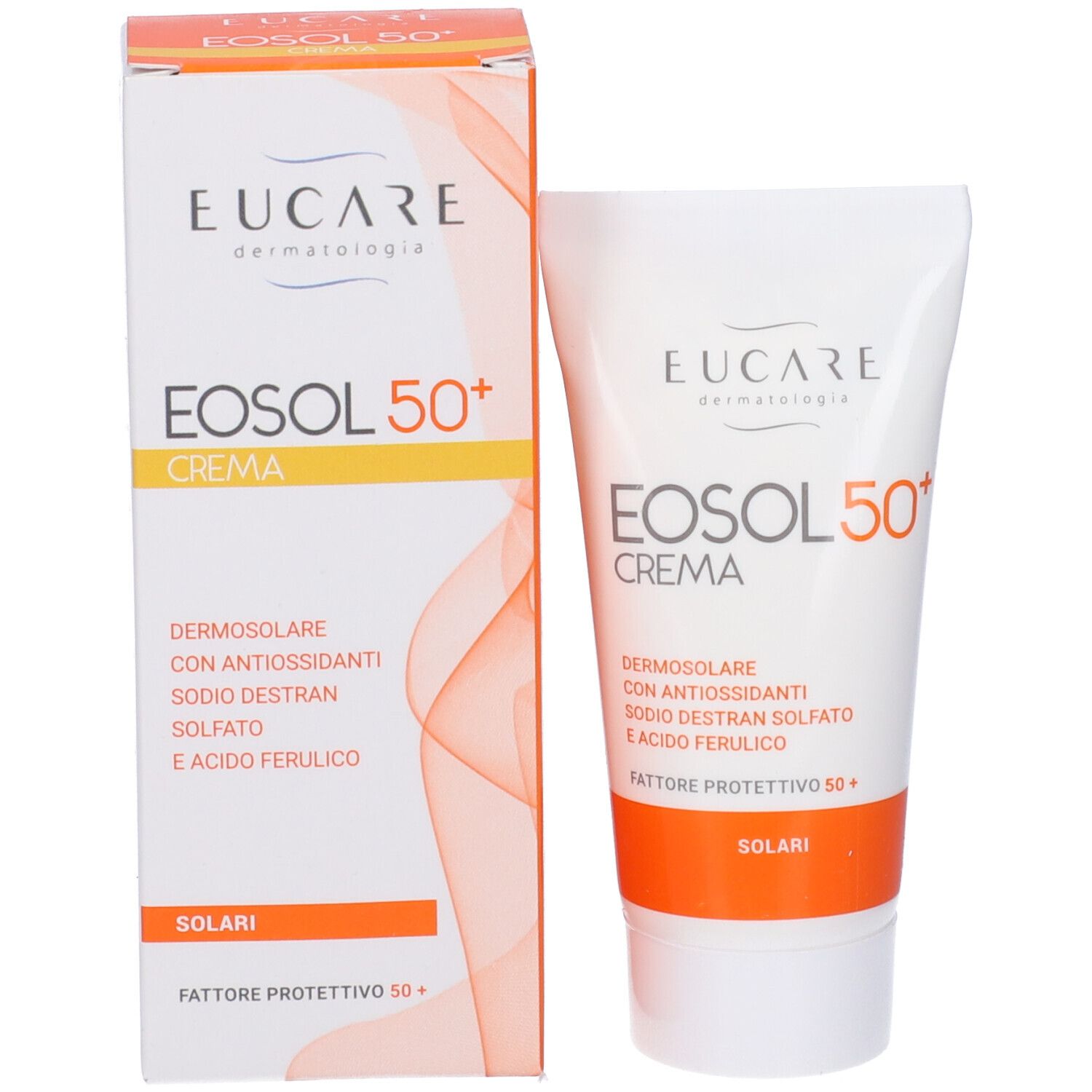 Tubo e confezione Eosol 50+ Crema. Tubo e scatola con nome del prodotto e marchio.