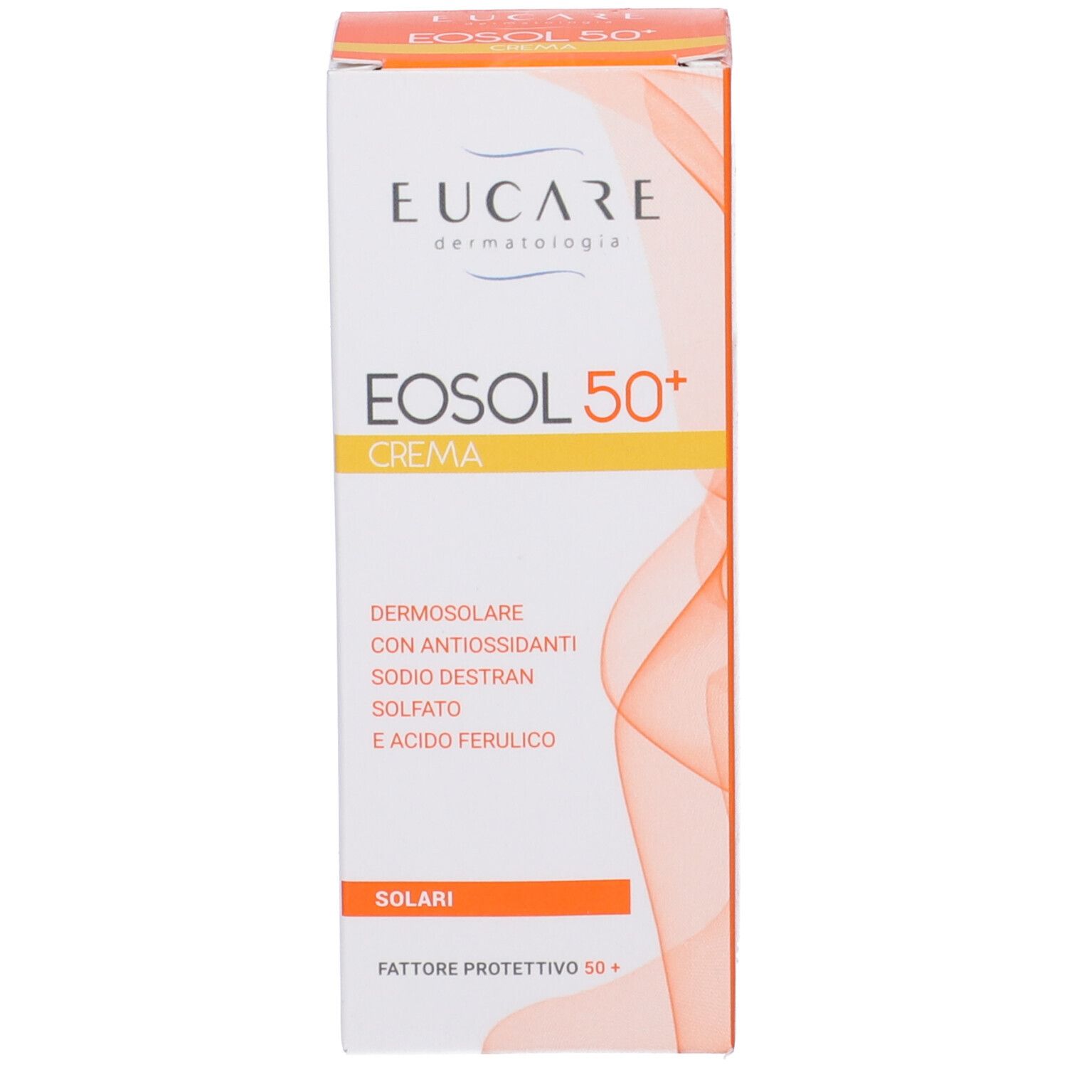 Confezione di Eosol 50+ Crema. Bianca con accenti arancioni. Nome del prodotto, marchio e ingredienti visibili.