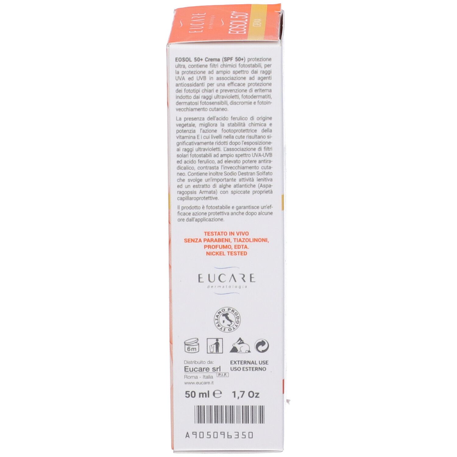 Retro della confezione di Eosol 50+ Crema. Testo con ingredienti, istruzioni e informazioni del produttore.