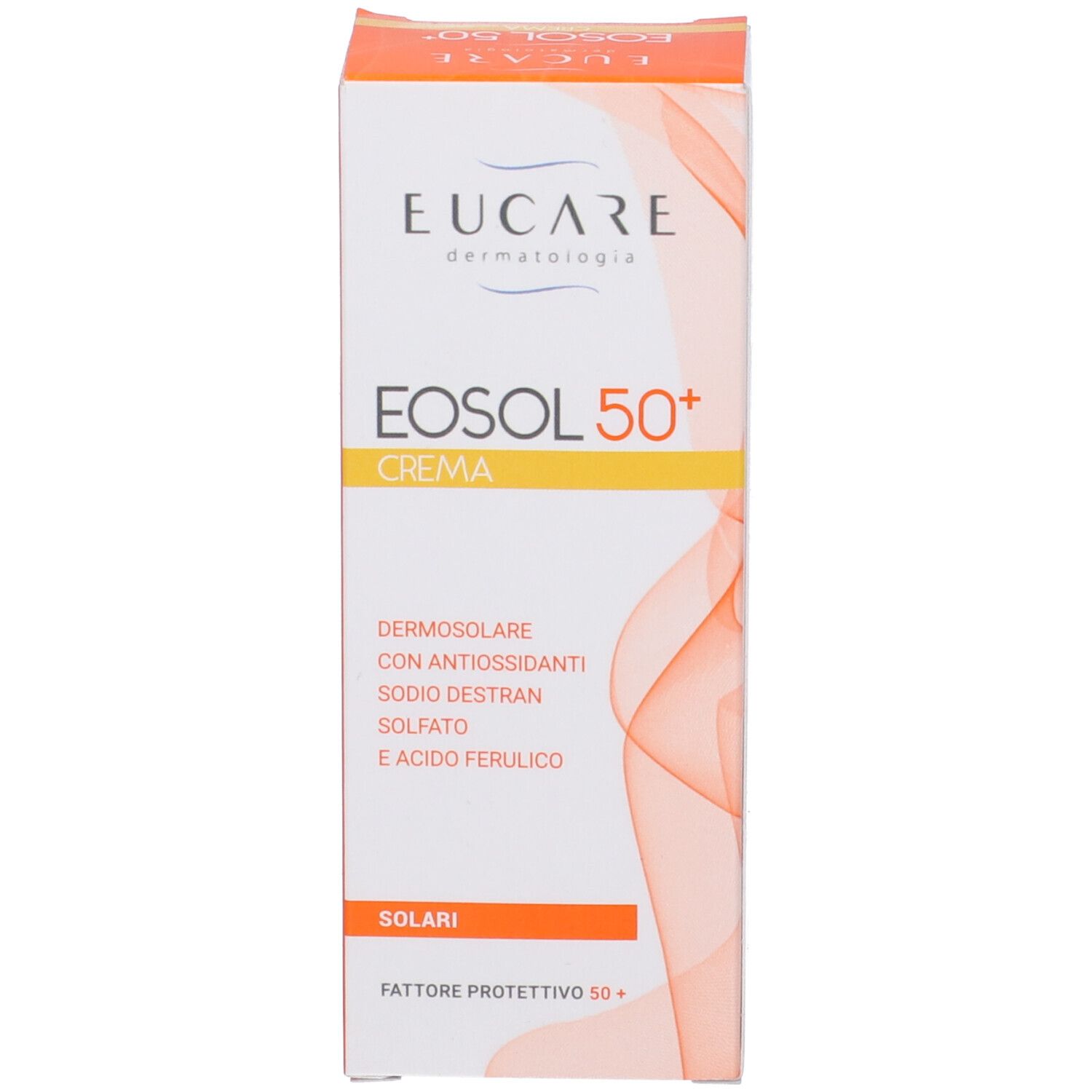 Confezione di Eosol 50+ Crema. Bianca con accenti arancioni. Nome del prodotto, marchio e ingredienti visibili.