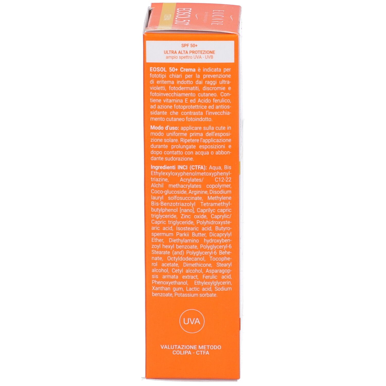 Lato della confezione di Eosol 50+ Crema. Testo con ingredienti, istruzioni e informazioni del produttore.