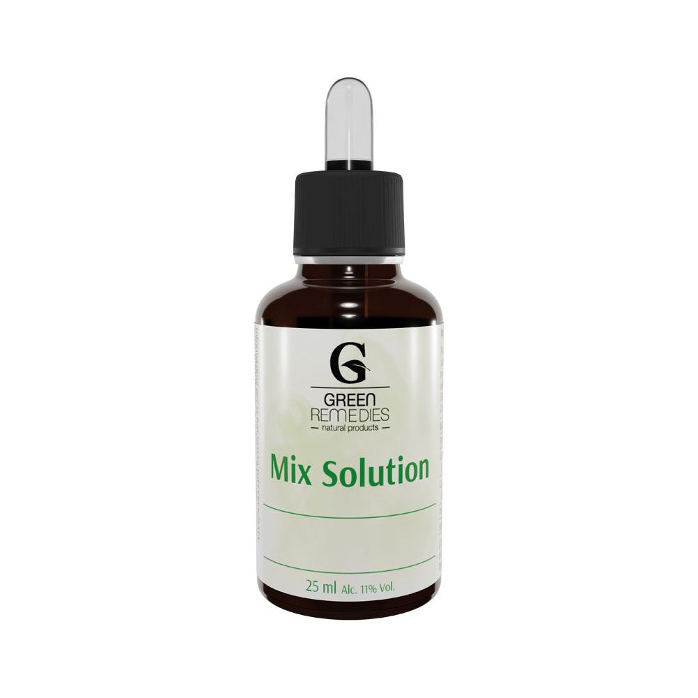 Flacone di vetro marrone con tappo nero e pipetta. Scritta: Mix Solution, 25 ml, 11% vol. Marchio: Green Remedies.