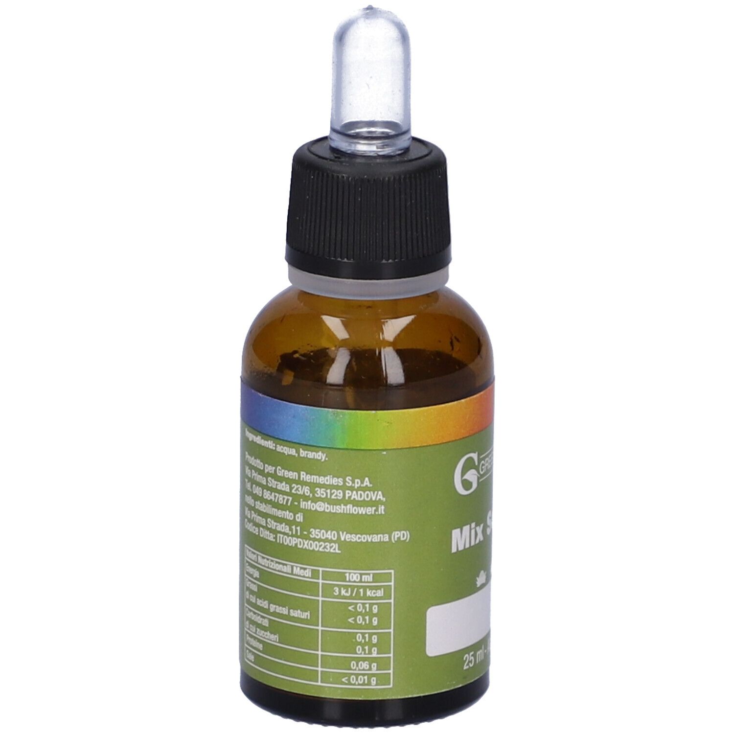 Flacone di vetro marrone con tappo nero e pipetta. Scritta: Mix Solution, 25 ml, 11% Vol. Marchio: Green Remedies.
