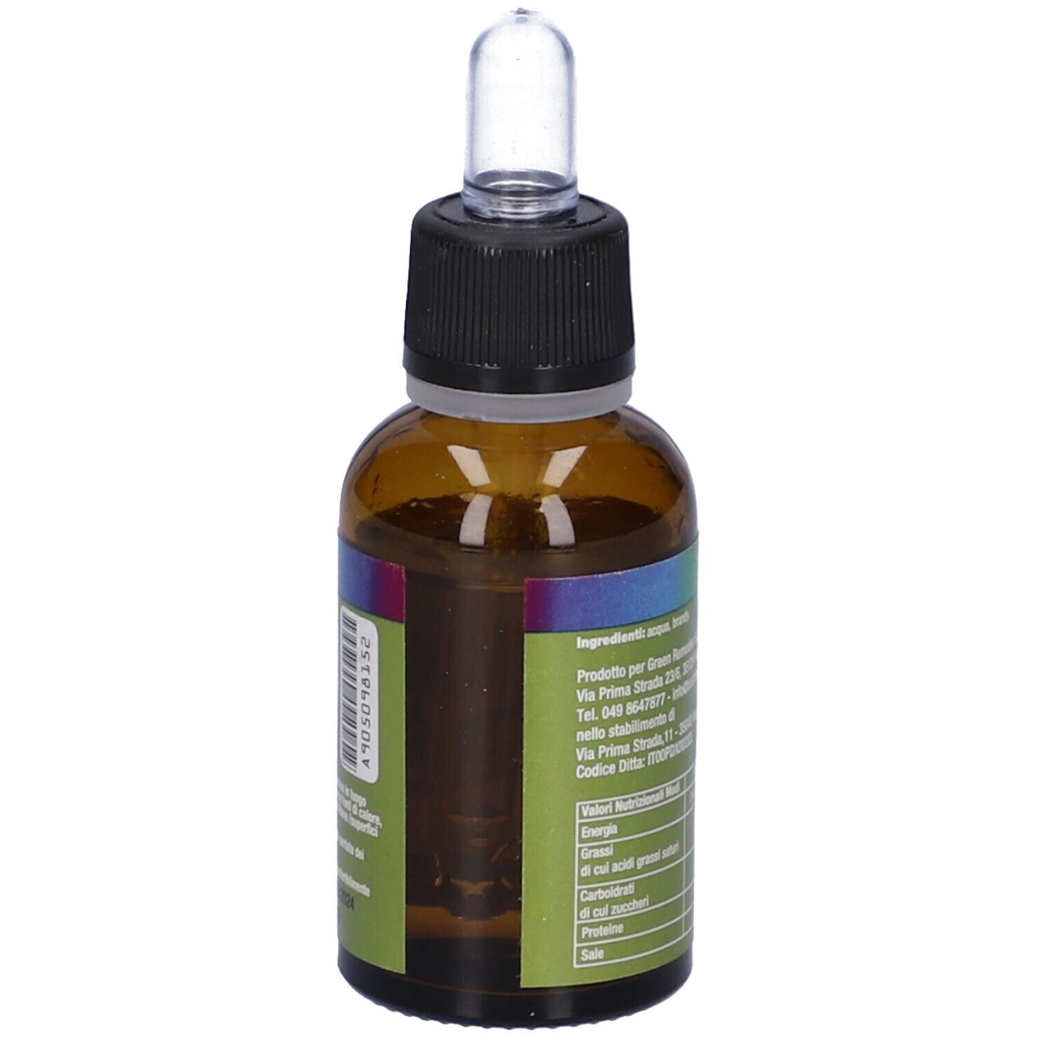 Flacone di vetro marrone con tappo nero e pipetta. Scritta: Mix Solution, 25 ml, 11% Vol. Marchio: Green Remedies.