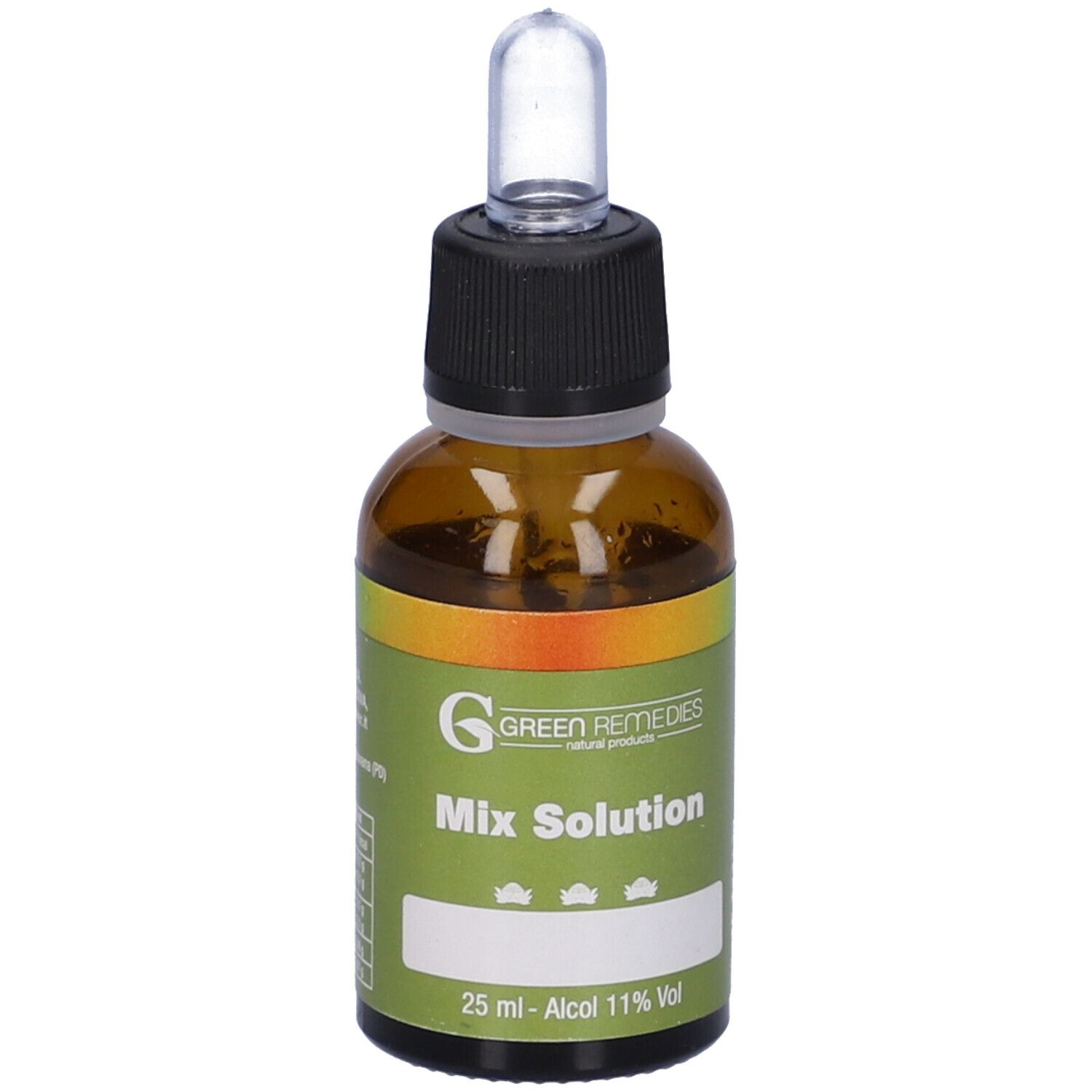 Flacone di vetro marrone con tappo nero e pipetta. Scritta: Mix Solution, 25 ml, 11% Vol. Marchio: Green Remedies.