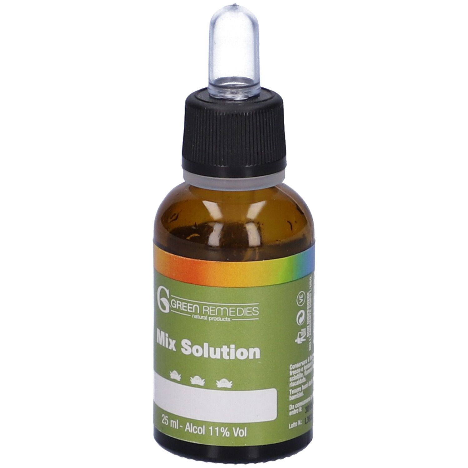 Flacone di vetro marrone con tappo nero e pipetta. Scritta: Mix Solution, 25 ml, 11% Vol. Marchio: Green Remedies.