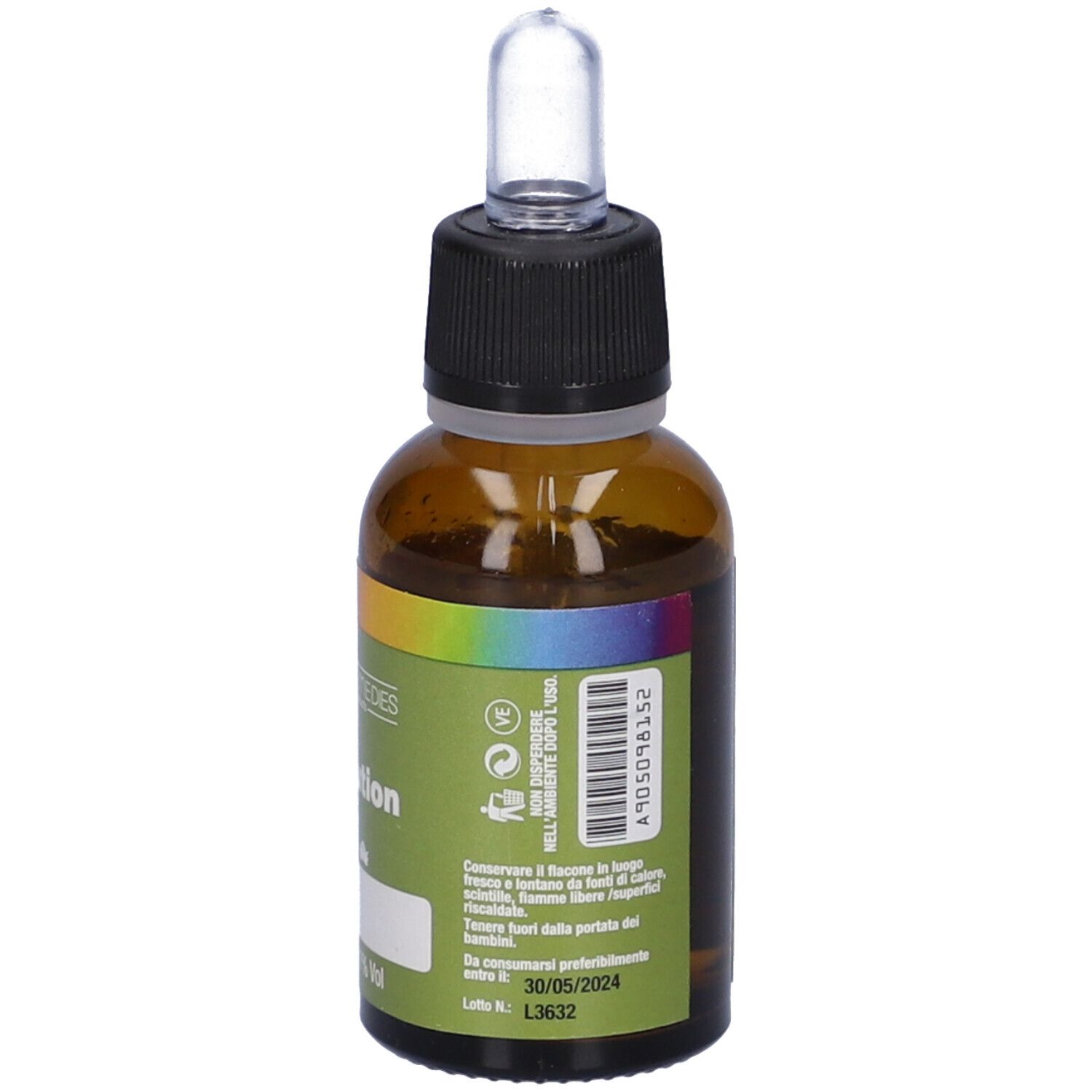 Flacone di vetro marrone con tappo nero e pipetta. Scritta: Mix Solution, 25 ml, 11% Vol. Marchio: Green Remedies.