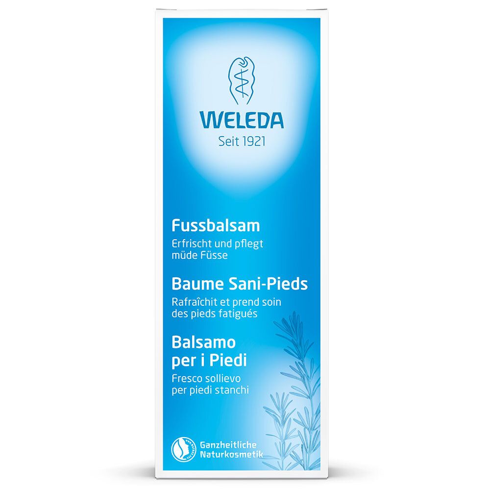 Blau-weiße Verpackung. Text: WELEDA, Fußbalsam, Baume Sani-Pieds, Balsamo per i Piedi. Ganzheitliche Naturkosmetik.
