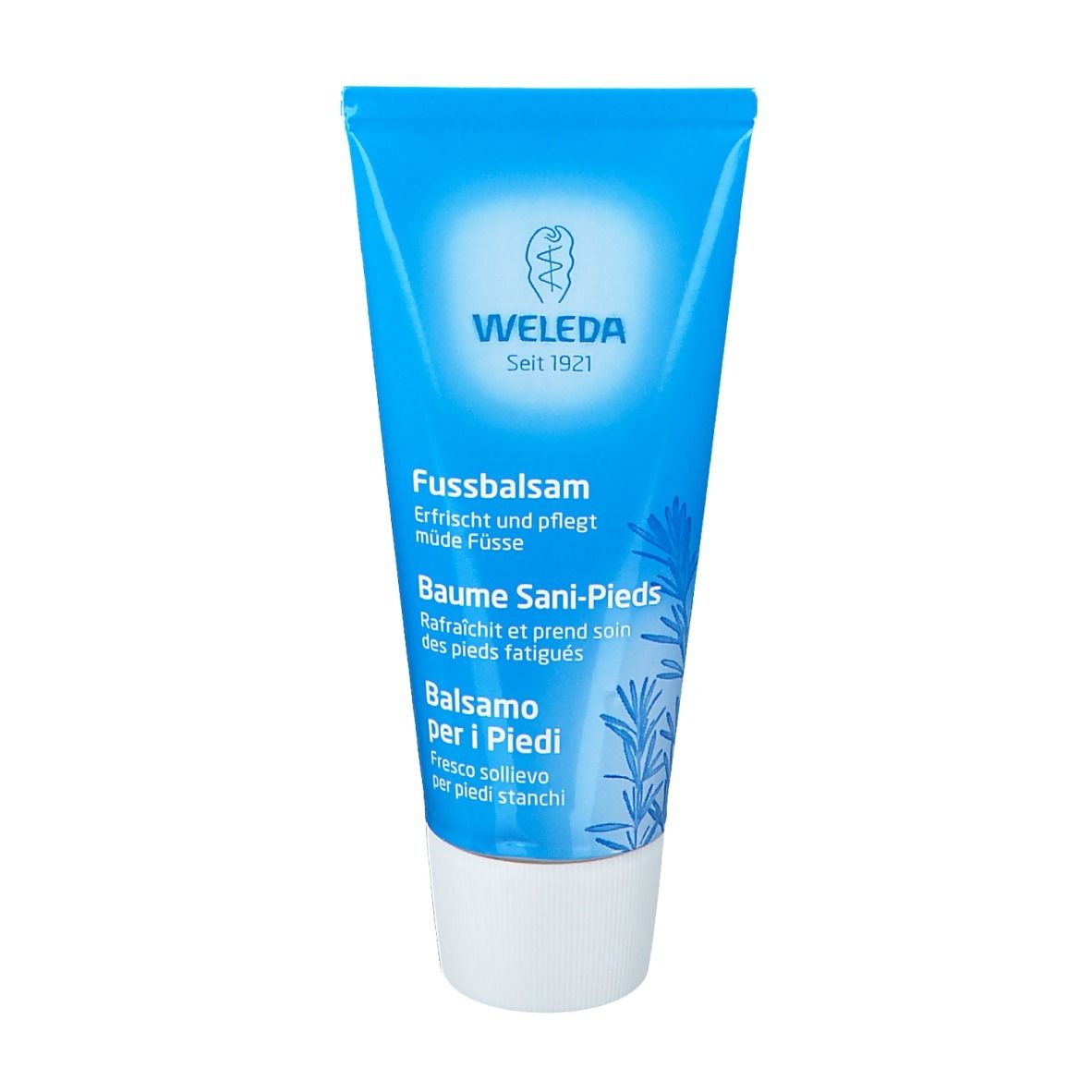 Blaue Tube. Schriftzug WELEDA, Fussbalsam, Baume Sani-Pieds, Balsamo per i Piedi. Weißer Verschluss.