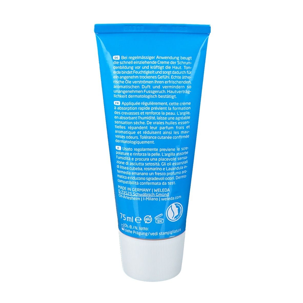 Rückseite der blauen Tube. Text in mehreren Sprachen. 75ml. Herstelleradresse.