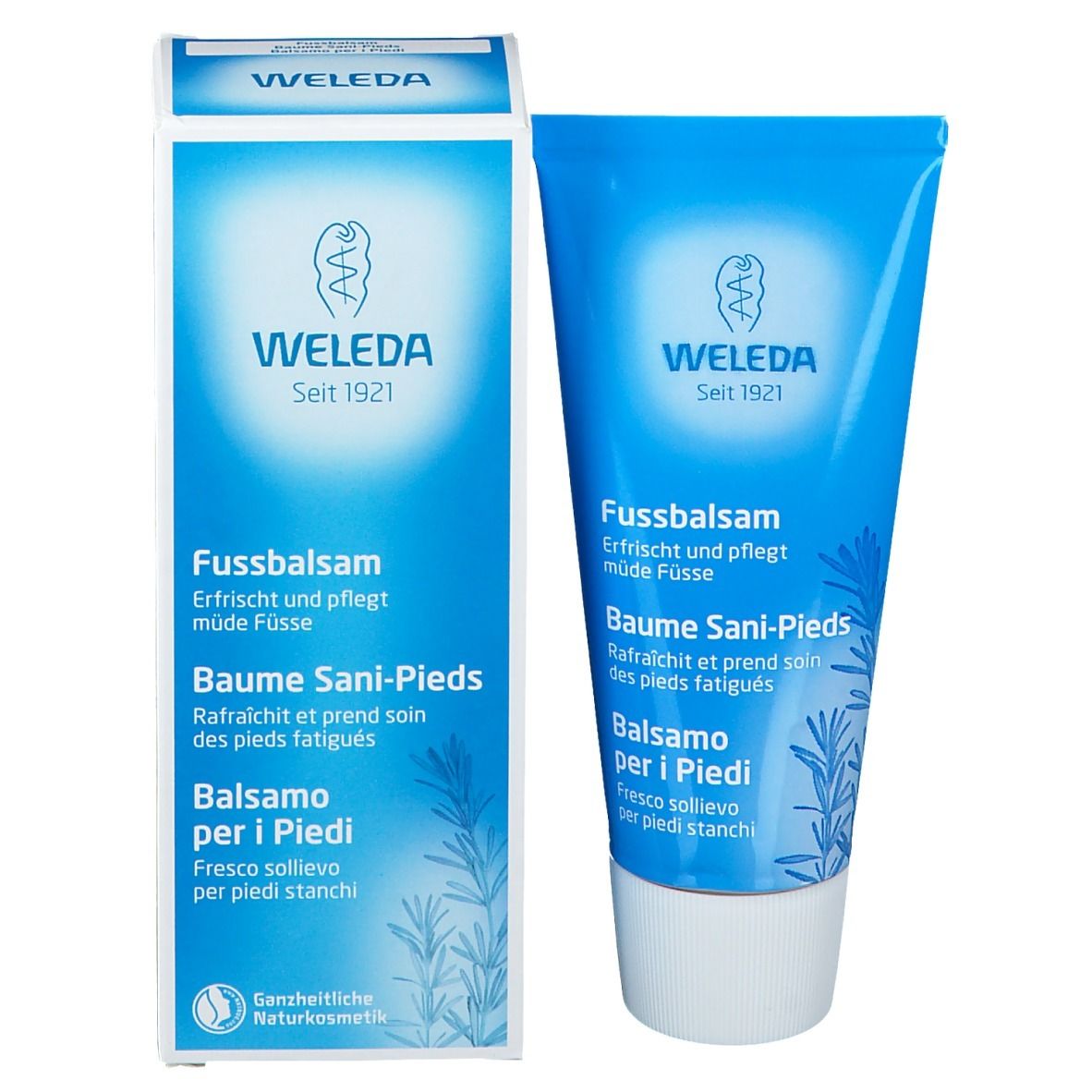 Produktverpackung und Tube. Tube blau, Schriftzug WELEDA, Fussbalsam, Baume Sani-Pieds, Balsamo per i Piedi. Verpackung blau-weiß.
