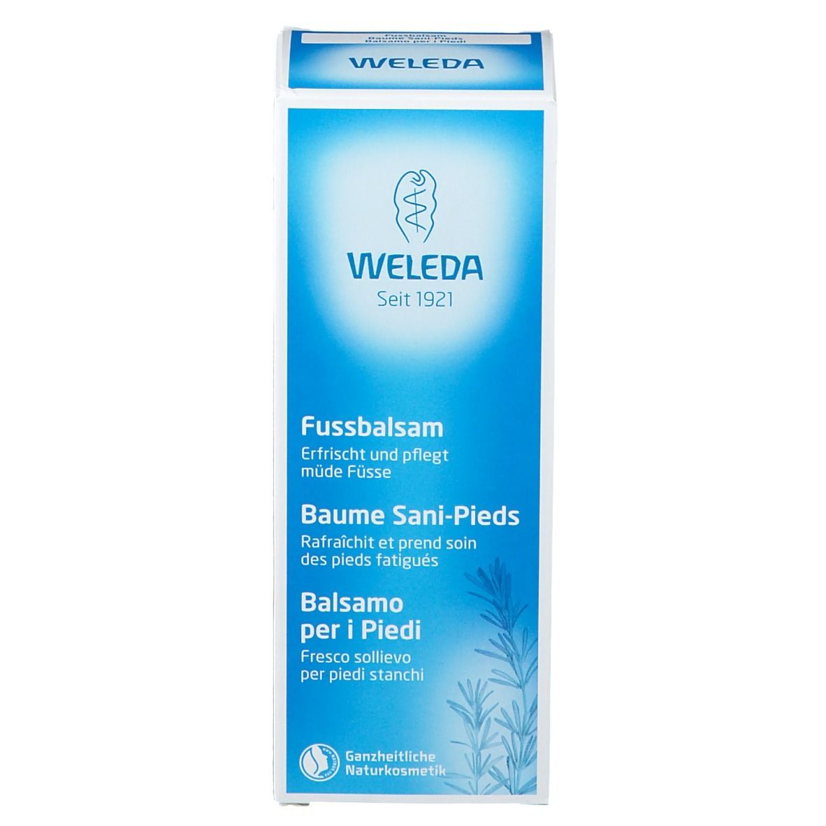 Blau-weiße Verpackung. Text: WELEDA, Fussbalsam, Baume Sani-Pieds, Balsamo per i Piedi. Ganzheitliche Naturkosmetik.