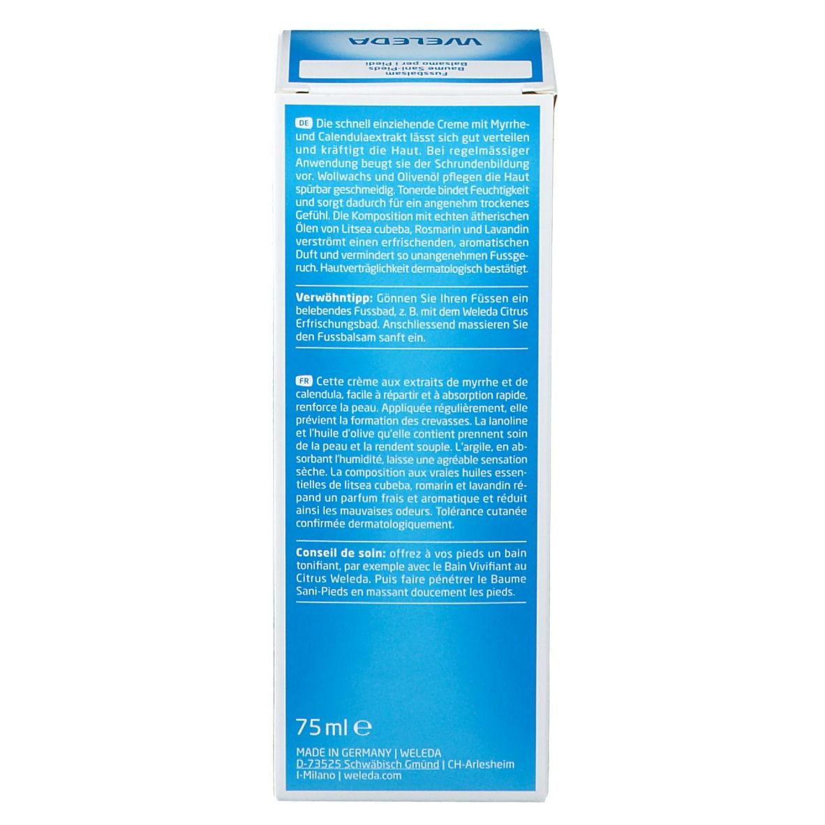 Rückseite der Verpackung. Text in mehreren Sprachen. 75ml. Herstelleradresse.