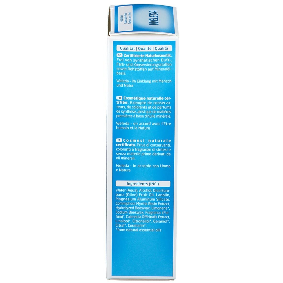 Seite der Verpackung. Text in mehreren Sprachen. Zertifizierungen, Inhaltsstoffe.