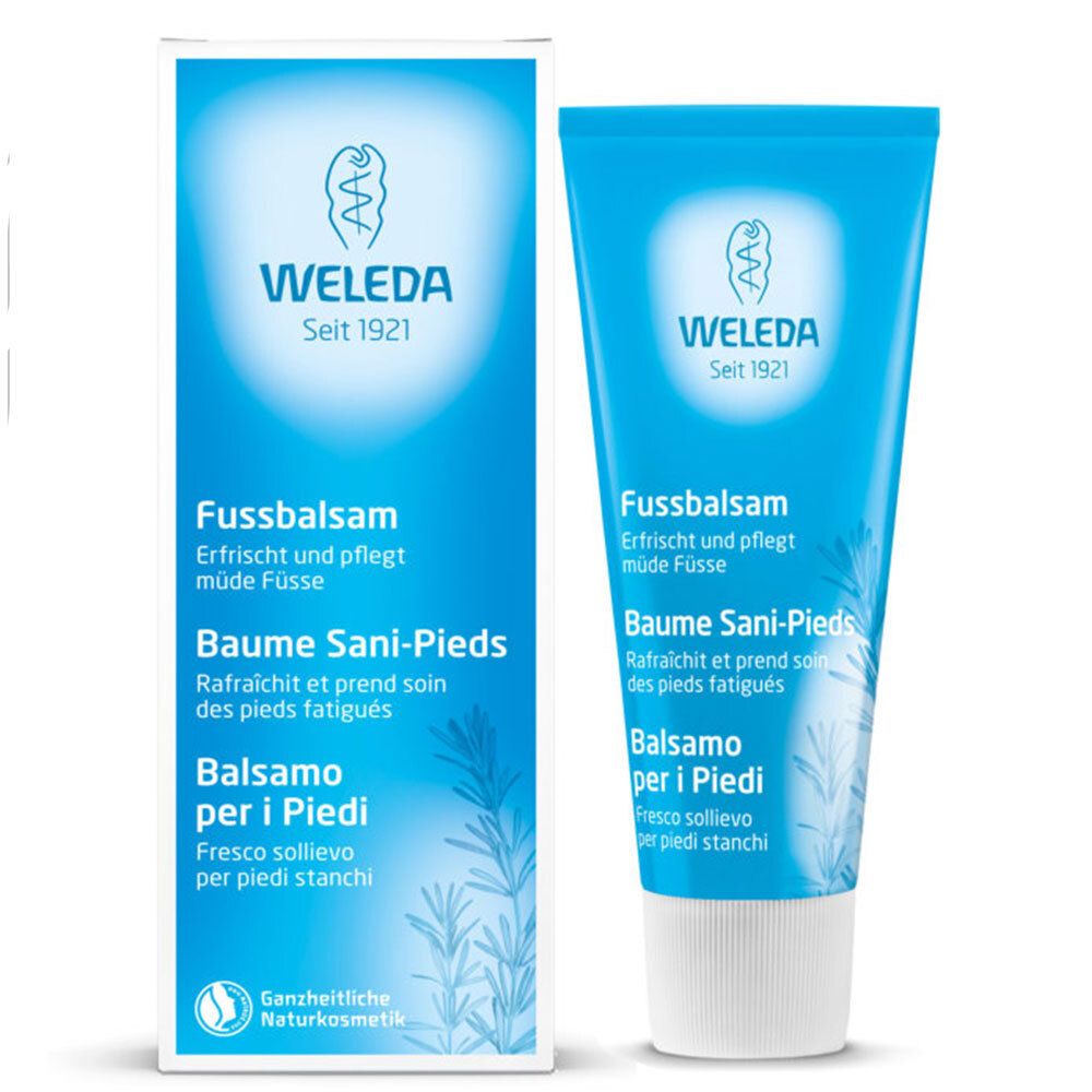 Produktverpackung und Tube. Tube blau, Schriftzug WELEDA, Fussbalsam, Baume Sani-Pieds, Balsamo per i Piedi. Verpackung blau-weiß.