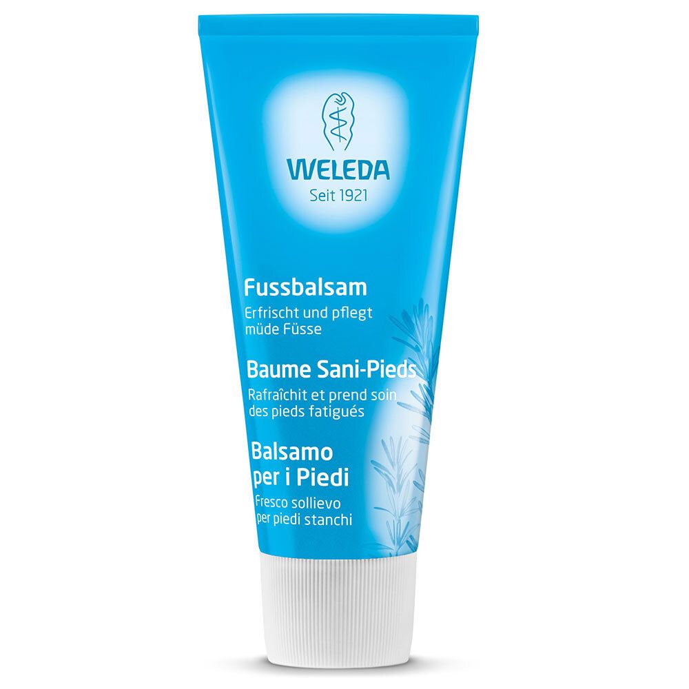 Blaue Tube. Schriftzug WELEDA, Fussbalsam, Baume Sani-Pieds, Balsamo per i Piedi. Weißer Verschluss.