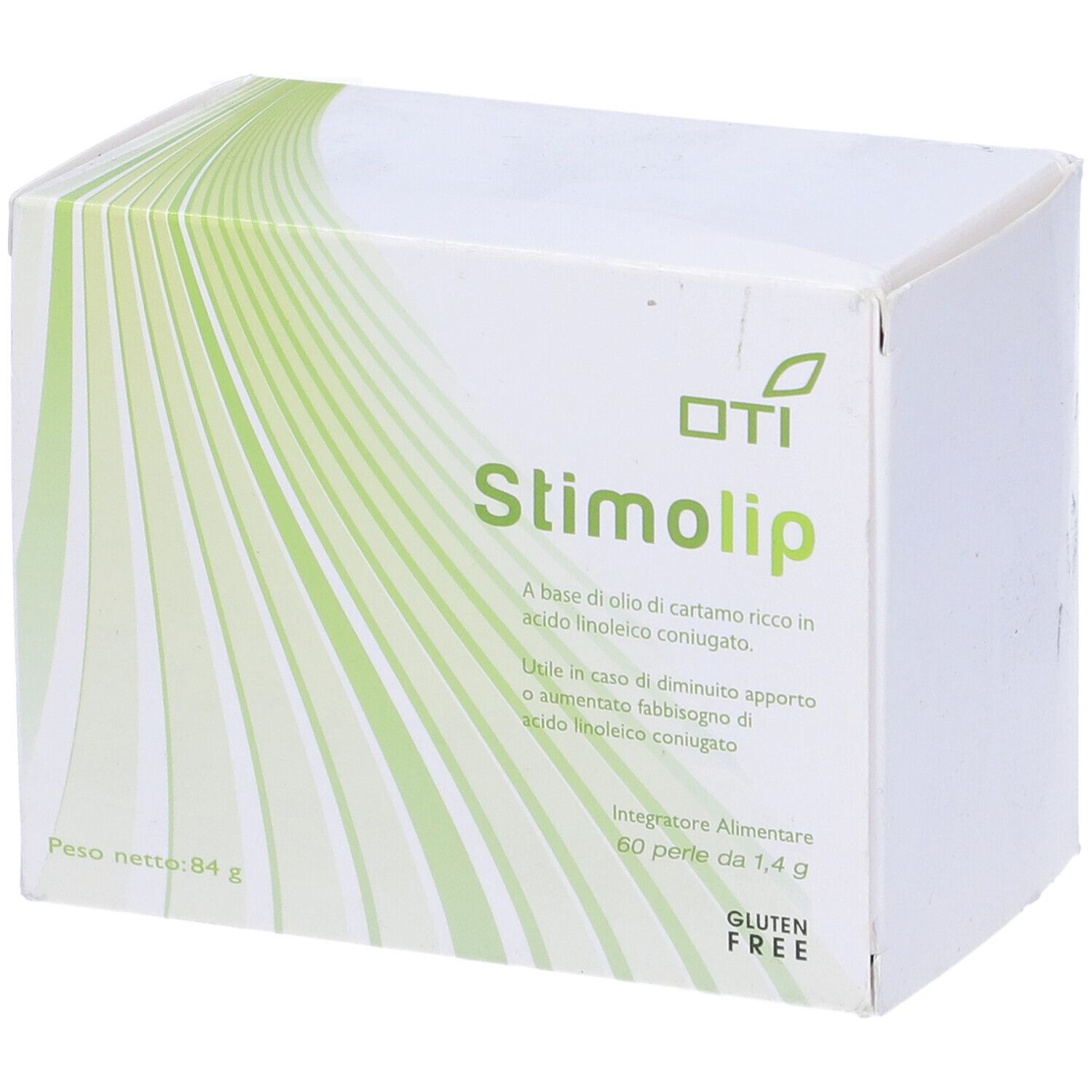 Scatola bianca con accenti verdi. Scritta: Stimolip, 60 perle, senza glutine.