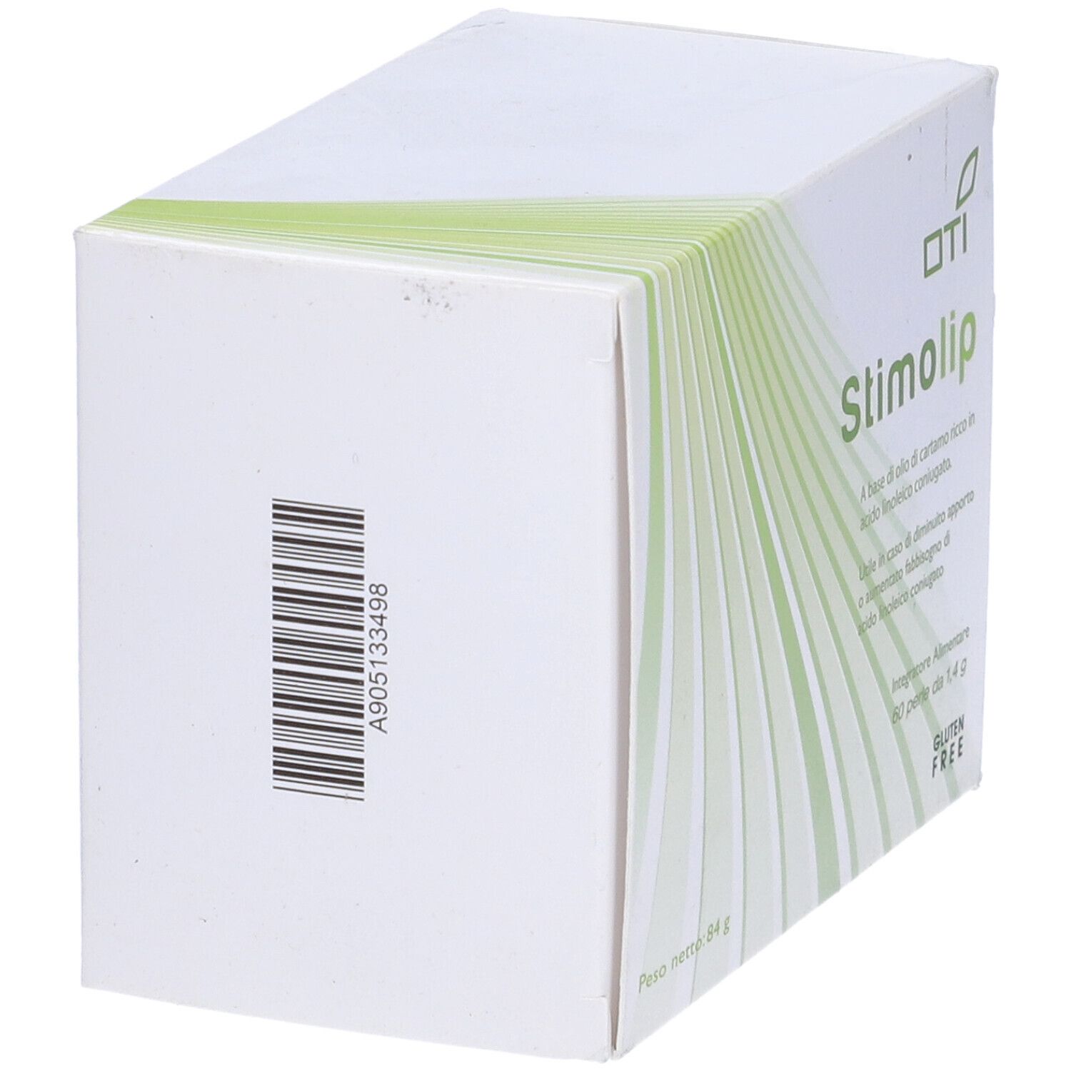 Scatola bianca con accenti verdi. Scritta: Stimolip, 60 perle, senza glutine.