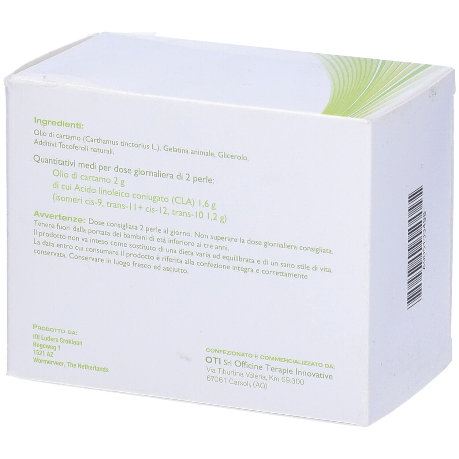 Scatola bianca con accenti verdi. Scritta: Stimolip, 60 perle, senza glutine.