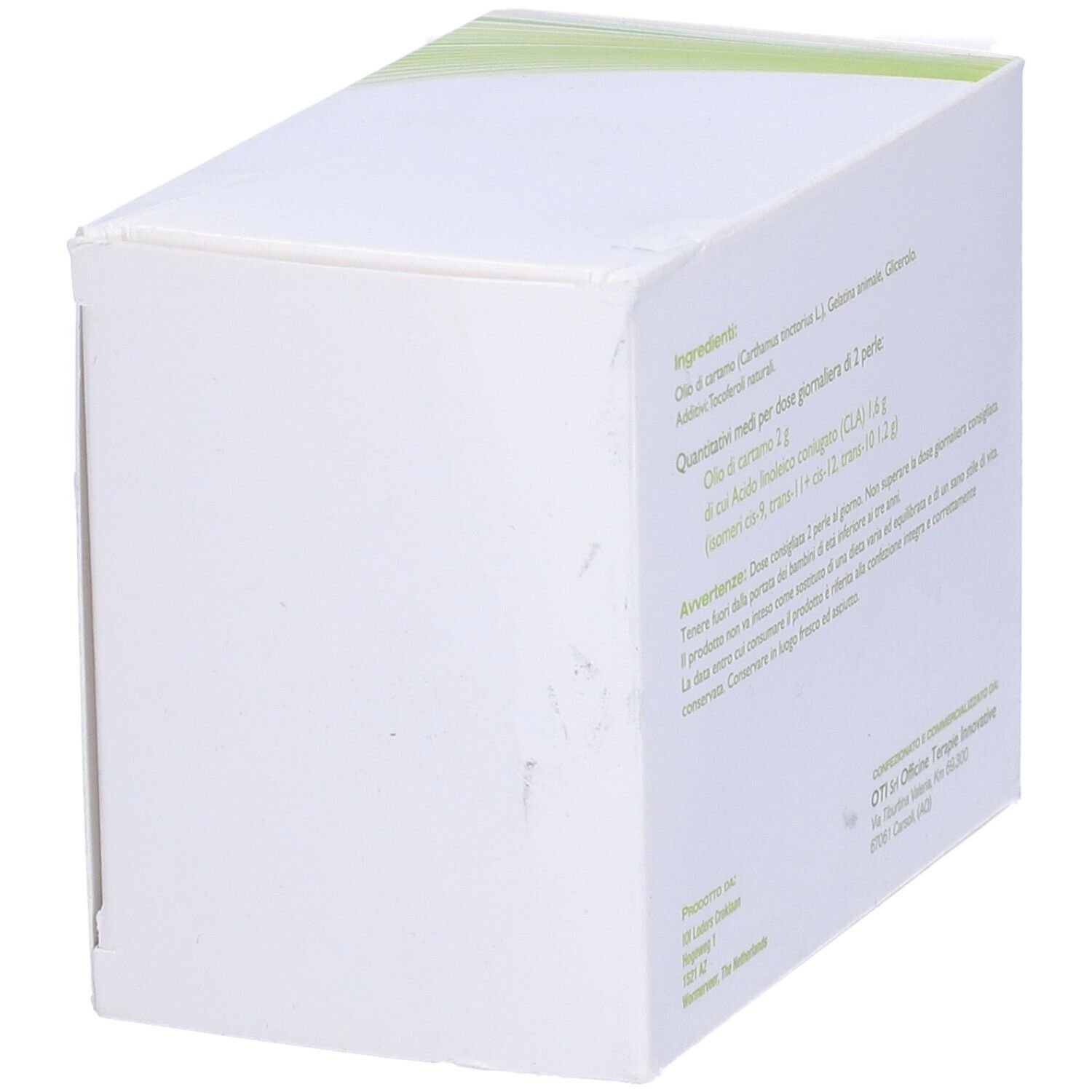 Scatola bianca con accenti verdi. Scritta: Stimolip, 60 perle, senza glutine.
