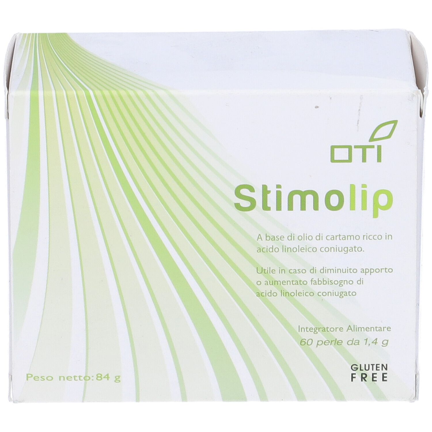Scatola bianca con accenti verdi. Scritta: Stimolip, 60 perle, senza glutine.