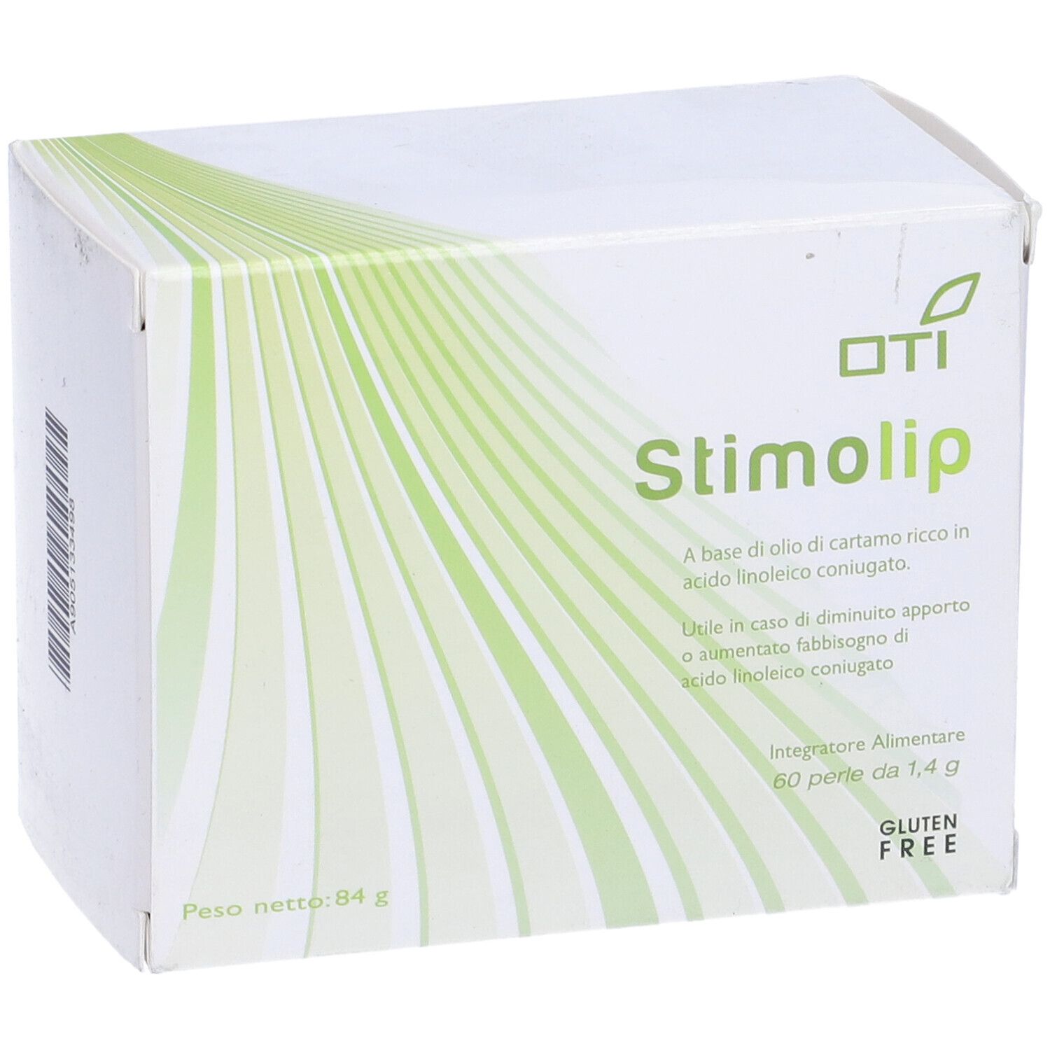 Scatola bianca con accenti verdi. Scritta: Stimolip, 60 perle, senza glutine.