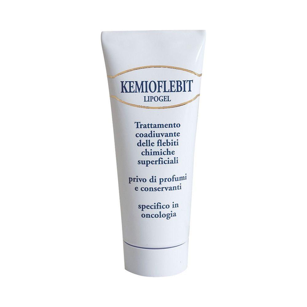 Tubo bianco KEMIOFLEBIT Lipogel. Trattamento delle flebiti chimiche superficiali. Senza profumi e conservanti. Specifico in oncologia.
