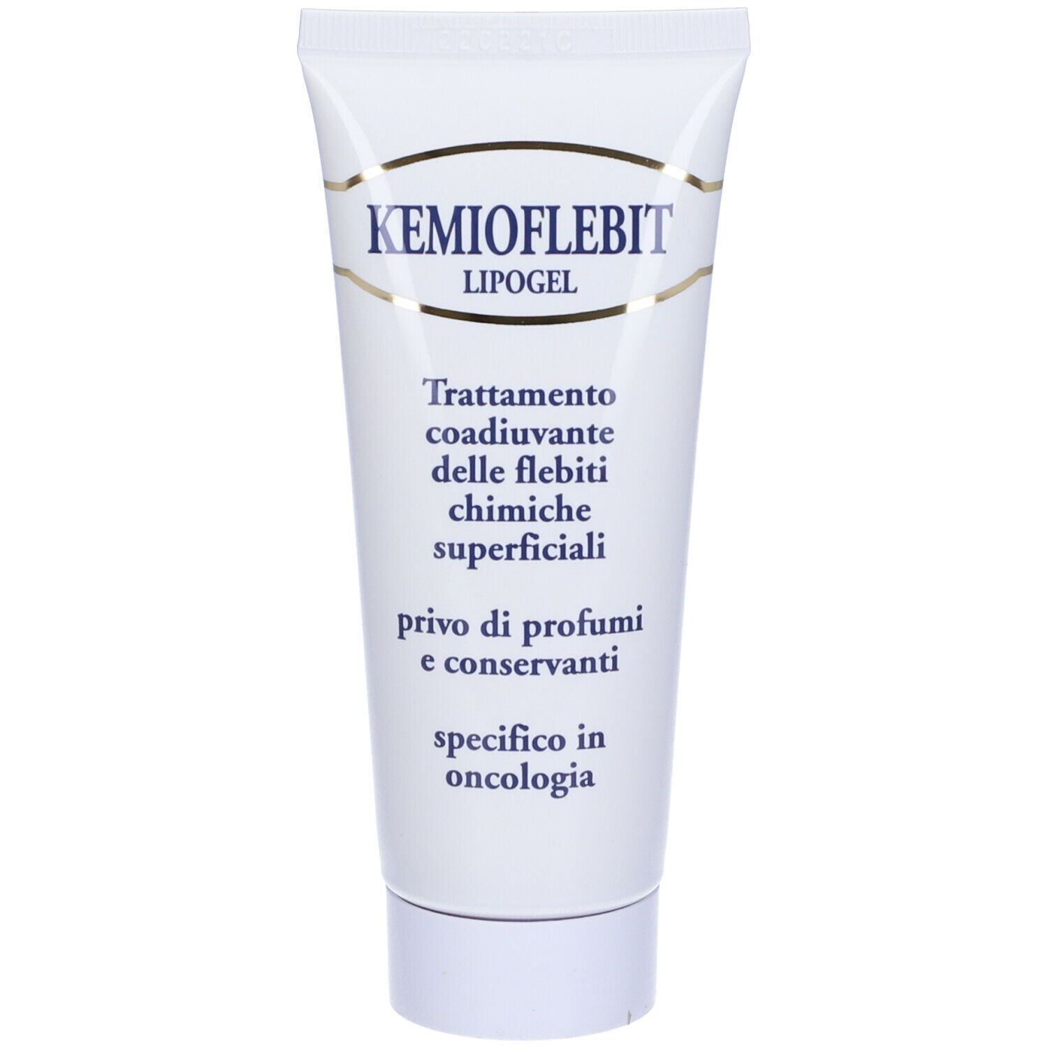 Tubo bianco KEMIOFLEBIT Lipogel. Trattamento delle flebiti chimiche superficiali. Senza profumi e conservanti. Specifico in oncologia.