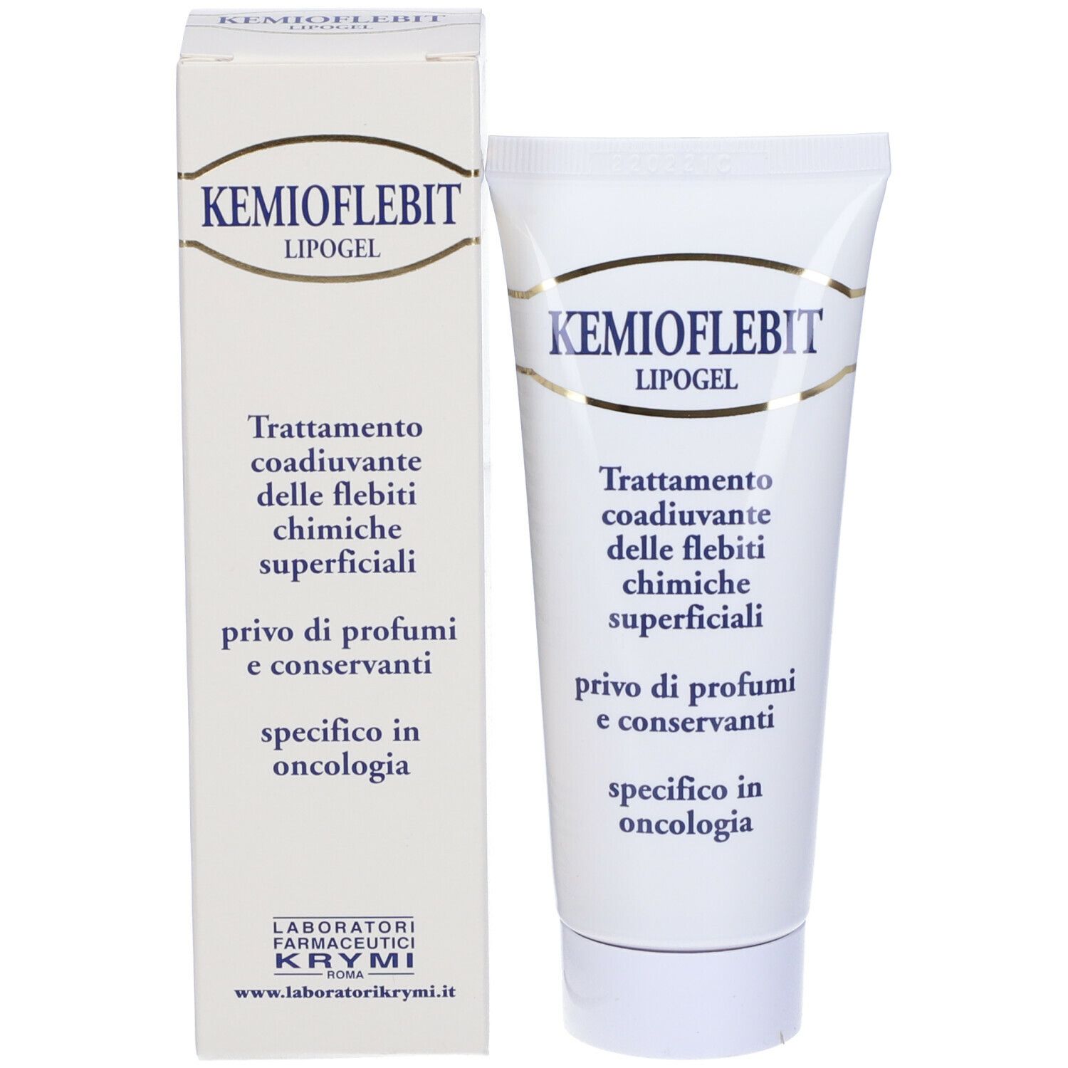 Tubo e scatola KEMIOFLEBIT Lipogel. Trattamento delle flebiti chimiche superficiali. Senza profumi e conservanti. Specifico in oncologia.