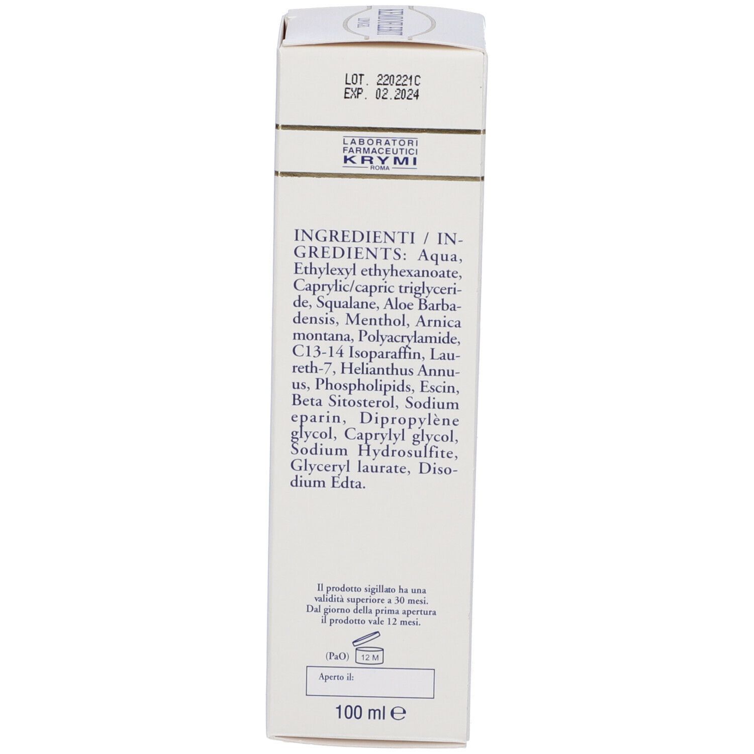 Scatola KEMIOFLEBIT Lipogel. Testo: Ingredienti, 100 ml. Laboratori Krymi.